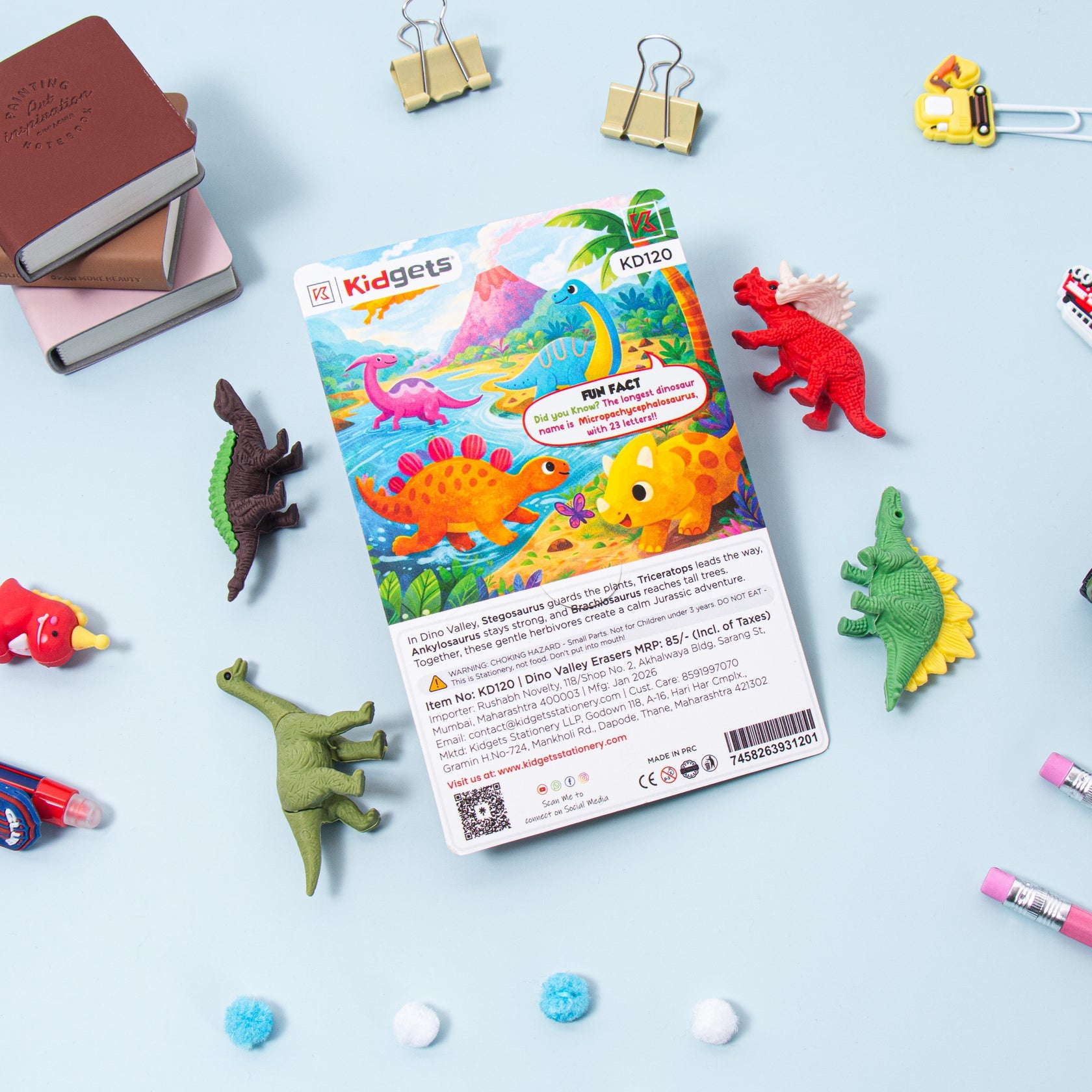 Kidgets KD120 Dino Valley 3D Eraser Set | 4-Piece Detailed Dinosaur Stationery Kit | Fun Collectible Puzzle Erasers for Kids
