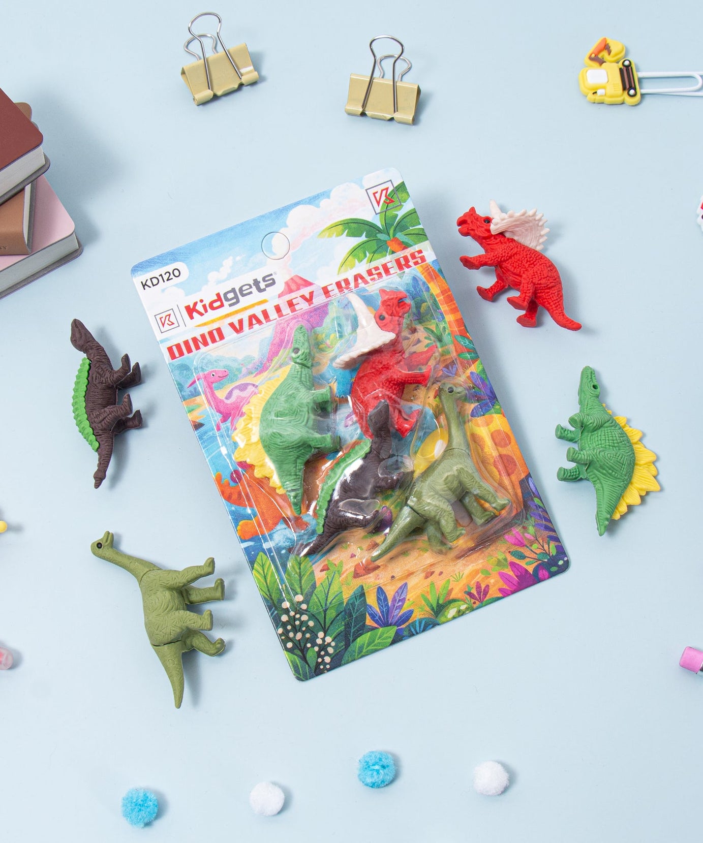 Kidgets KD120 Dino Valley 3D Eraser Set | 4-Piece Detailed Dinosaur Stationery Kit | Fun Collectible Puzzle Erasers for Kids