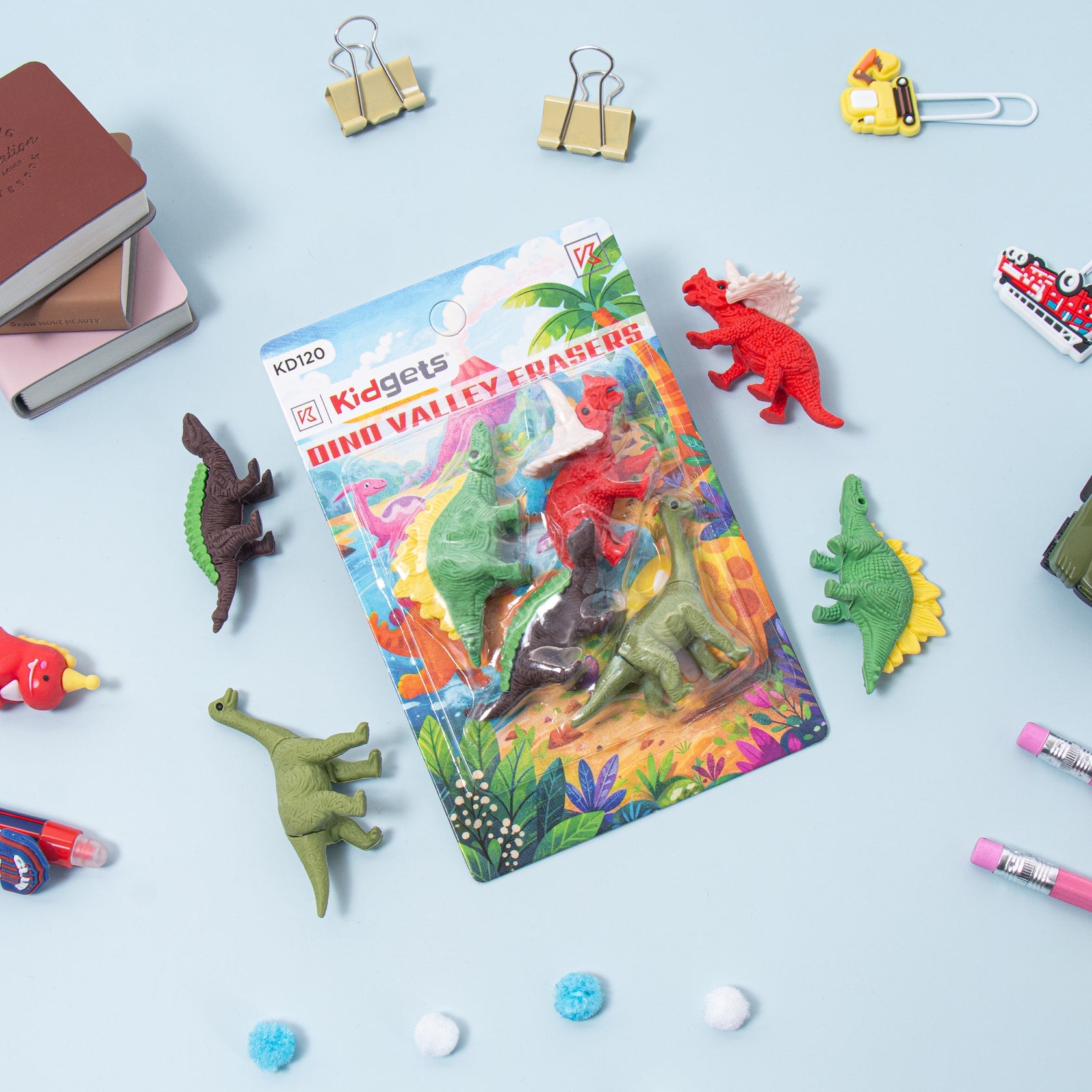 Kidgets KD120 Dino Valley 3D Eraser Set | 4-Piece Detailed Dinosaur Stationery Kit | Fun Collectible Puzzle Erasers for Kids