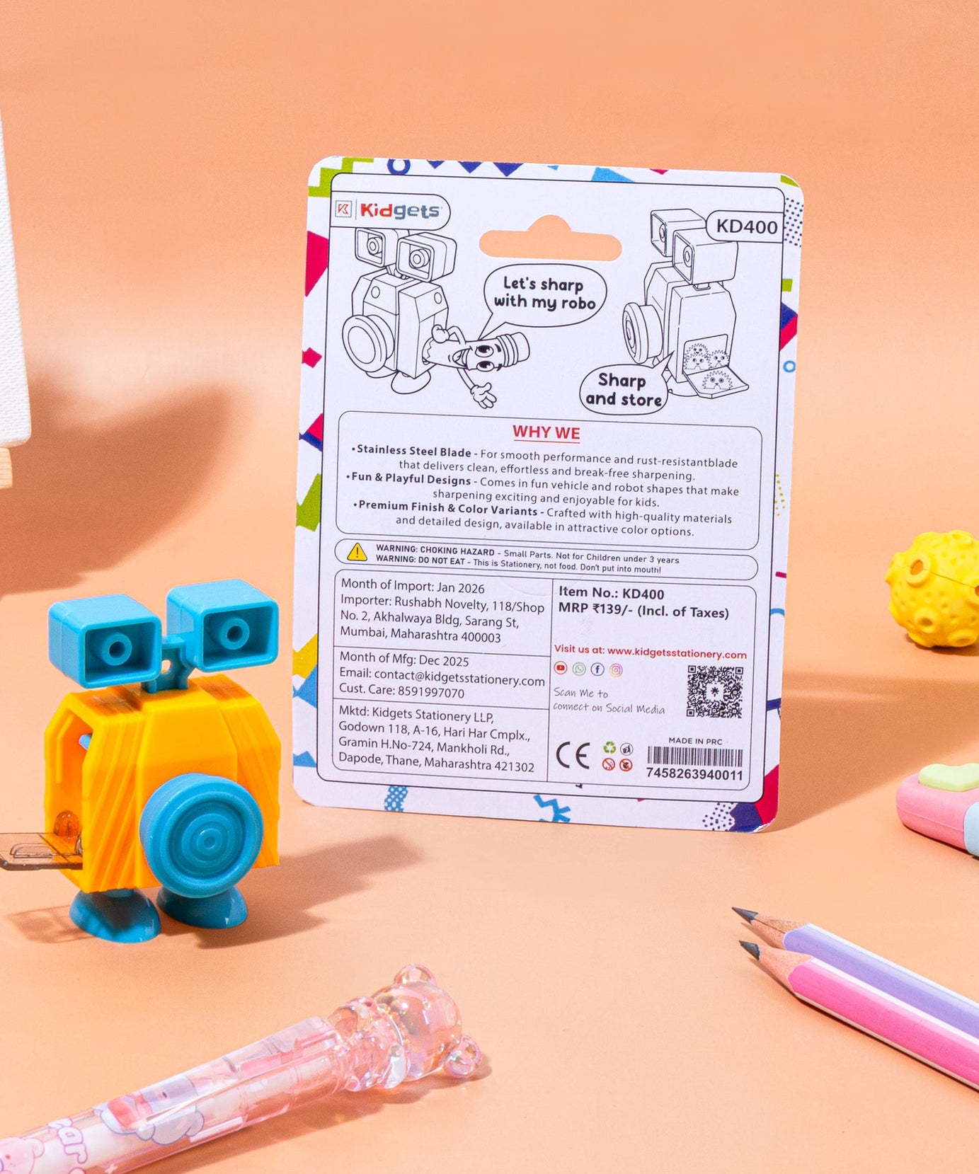 Kidgets KD400 Robo Pencil Sharpener for Kids | Fun "Sharp and Store" Robot Stationery | Stainless Steel Blade | Assorted Colors