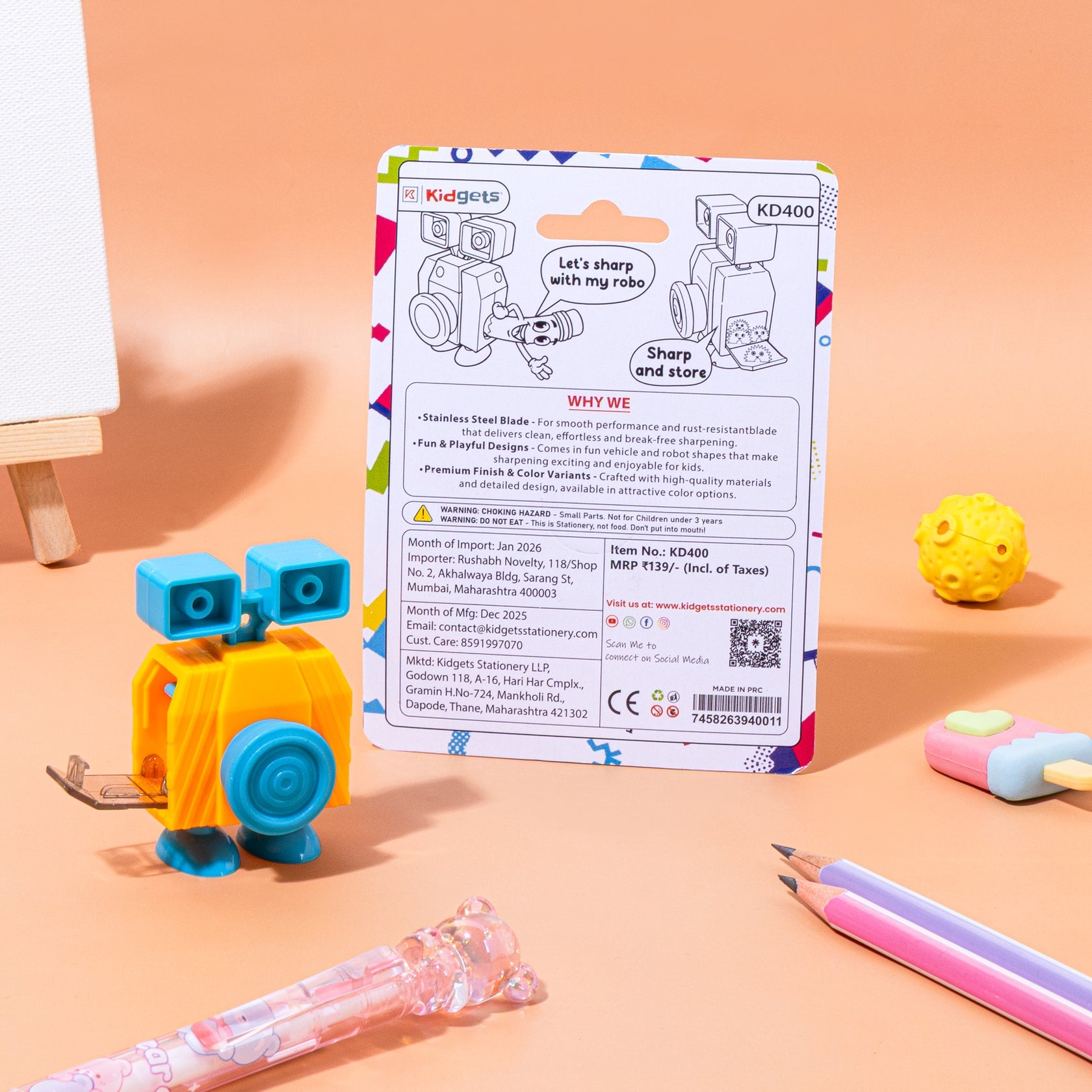Kidgets KD400 Robo Pencil Sharpener for Kids | Fun "Sharp and Store" Robot Stationery | Stainless Steel Blade | Assorted Colors