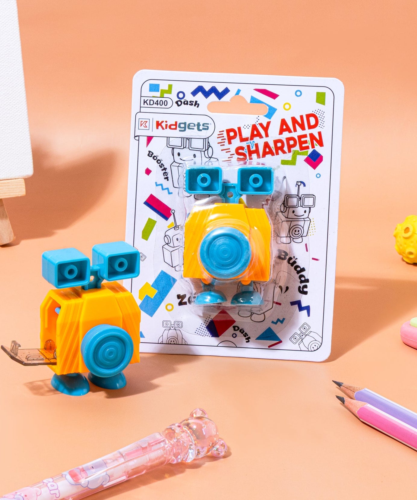 Kidgets KD400 Robo Pencil Sharpener for Kids | Fun "Sharp and Store" Robot Stationery | Stainless Steel Blade | Assorted Colors