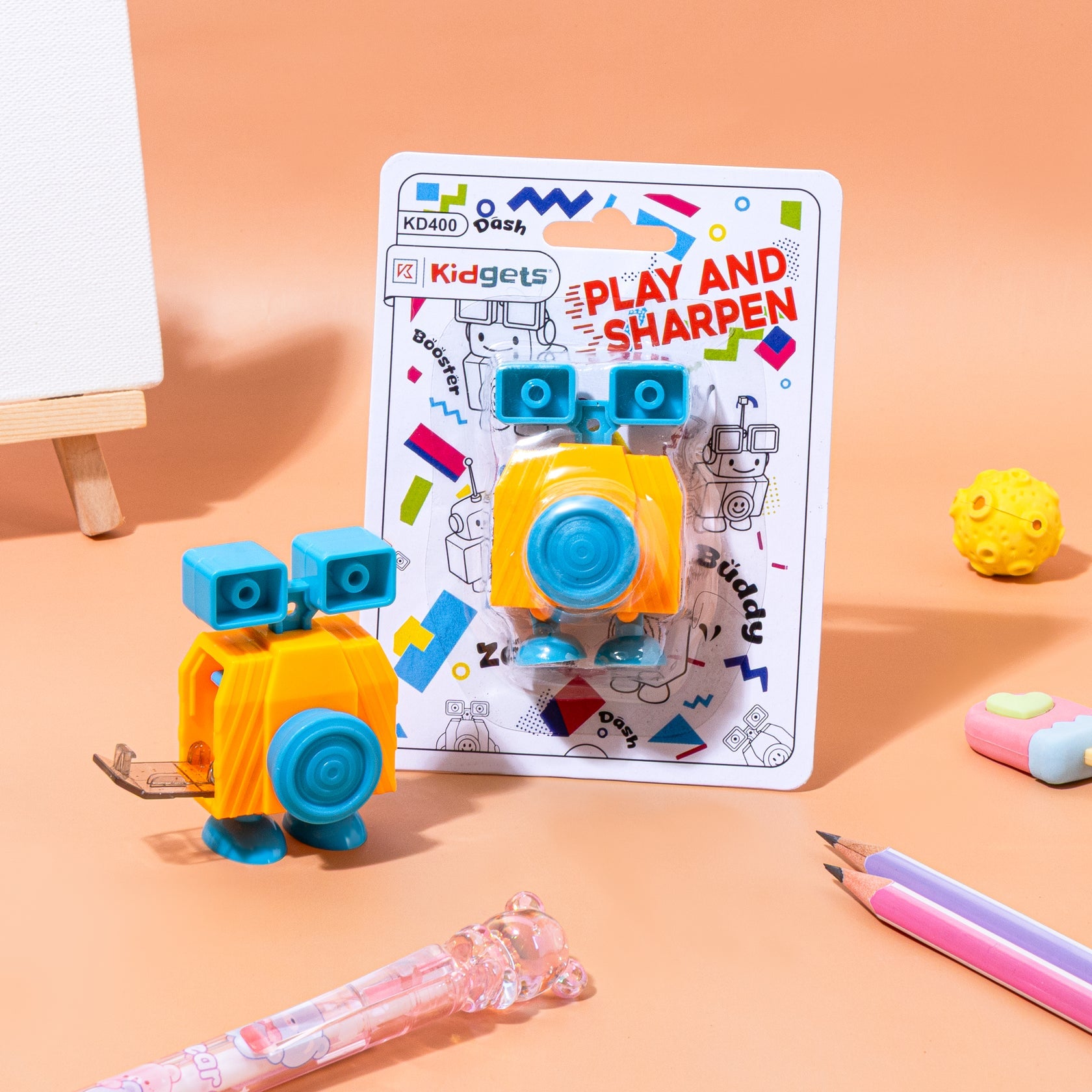 Kidgets KD400 Robo Pencil Sharpener for Kids | Fun "Sharp and Store" Robot Stationery | Stainless Steel Blade | Assorted Colors