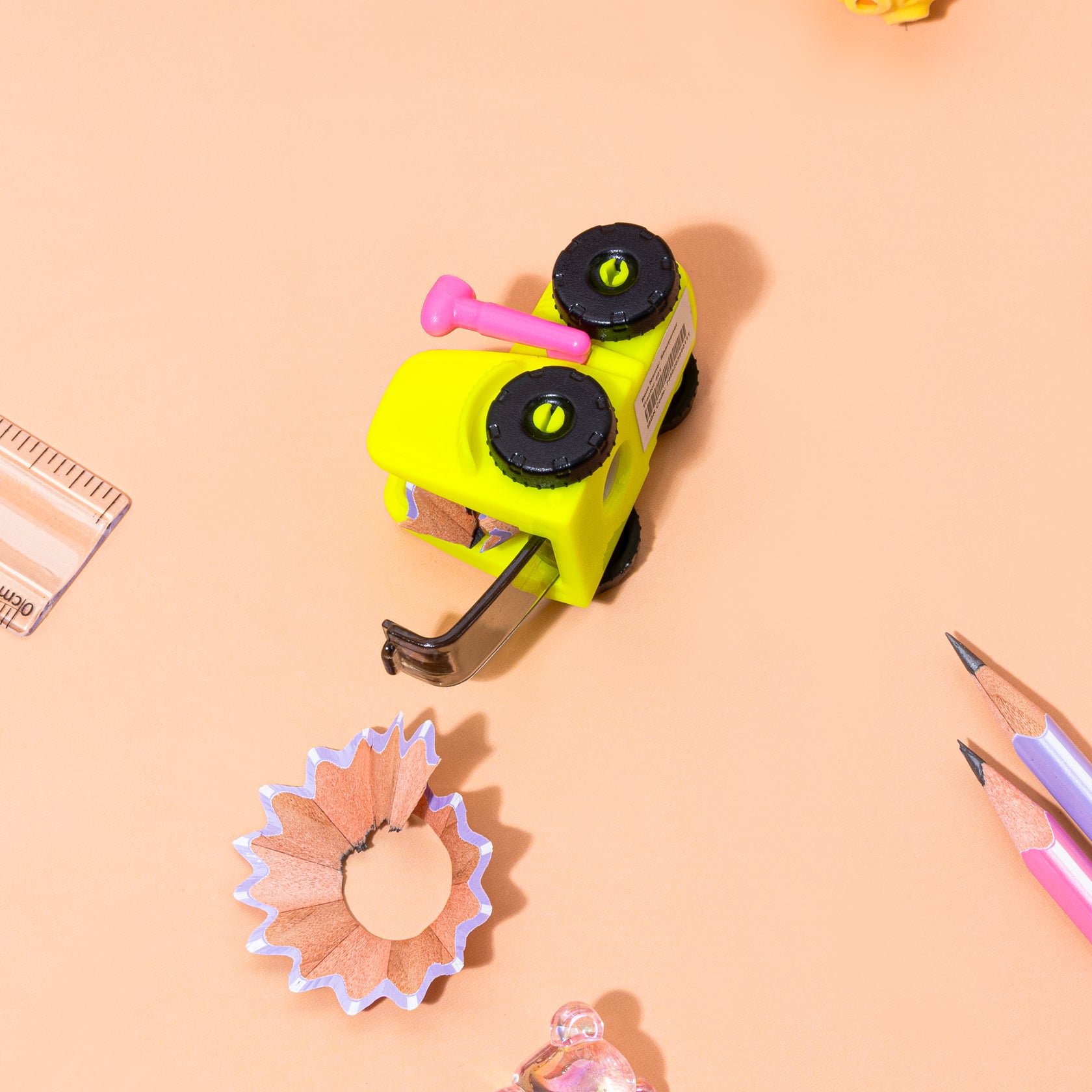 Kidgets KD401 Tractor Pencil Sharpener for Kids | Fun "Sharp and Store" Construction Stationery | Stainless Steel Blade | Assorted Colors