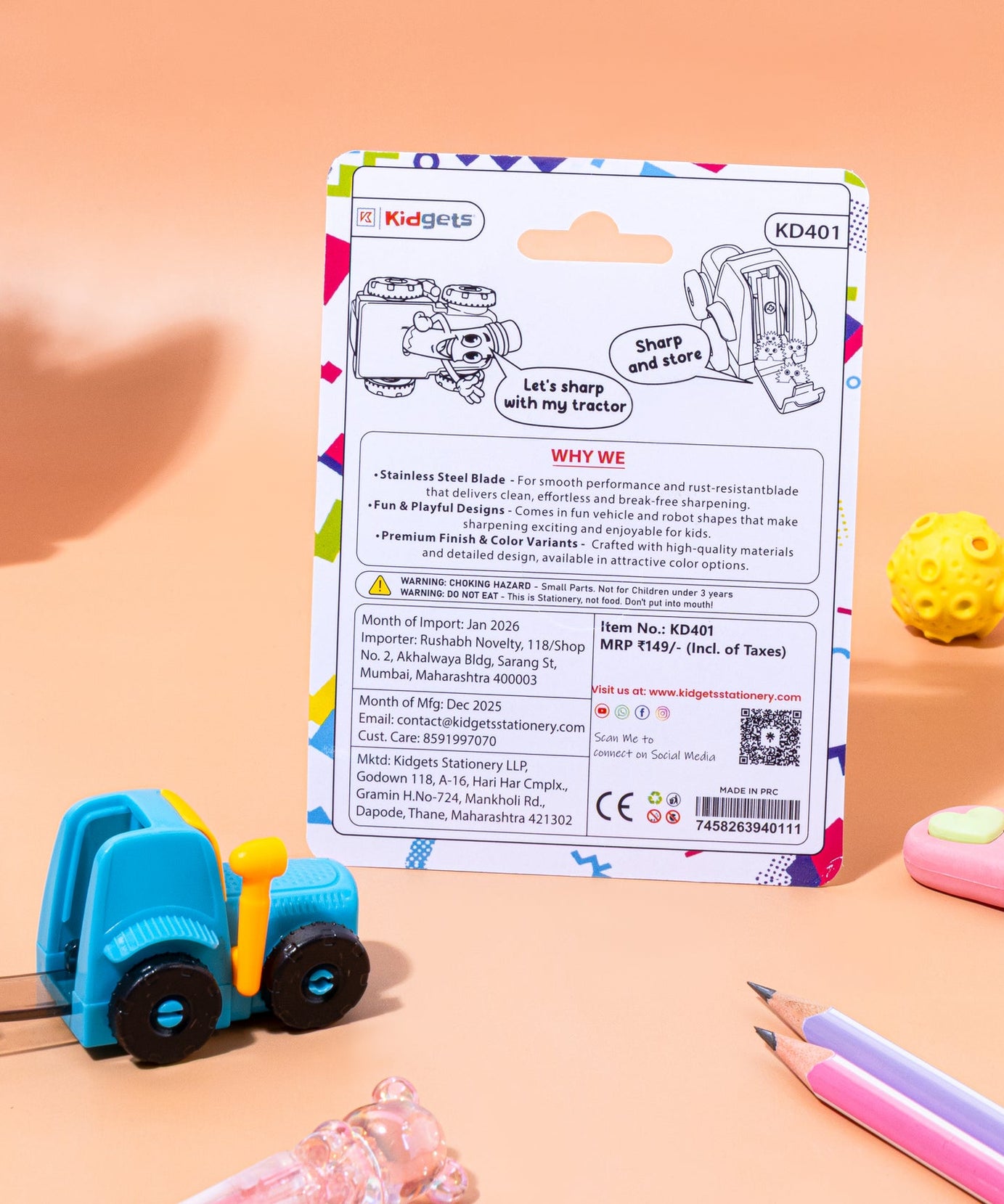Kidgets KD401 Tractor Pencil Sharpener for Kids | Fun "Sharp and Store" Construction Stationery | Stainless Steel Blade | Assorted Colors