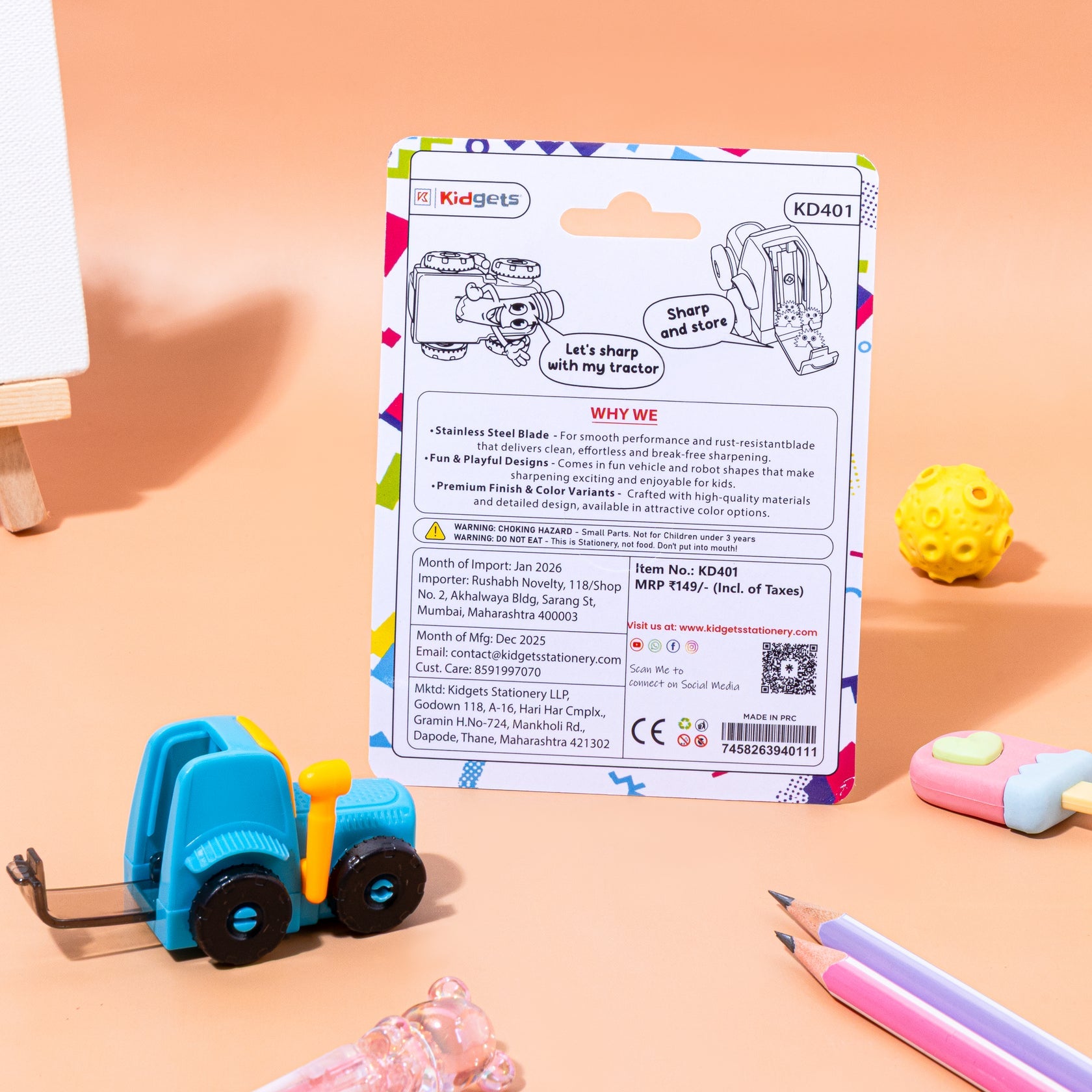 Kidgets KD401 Tractor Pencil Sharpener for Kids | Fun "Sharp and Store" Construction Stationery | Stainless Steel Blade | Assorted Colors