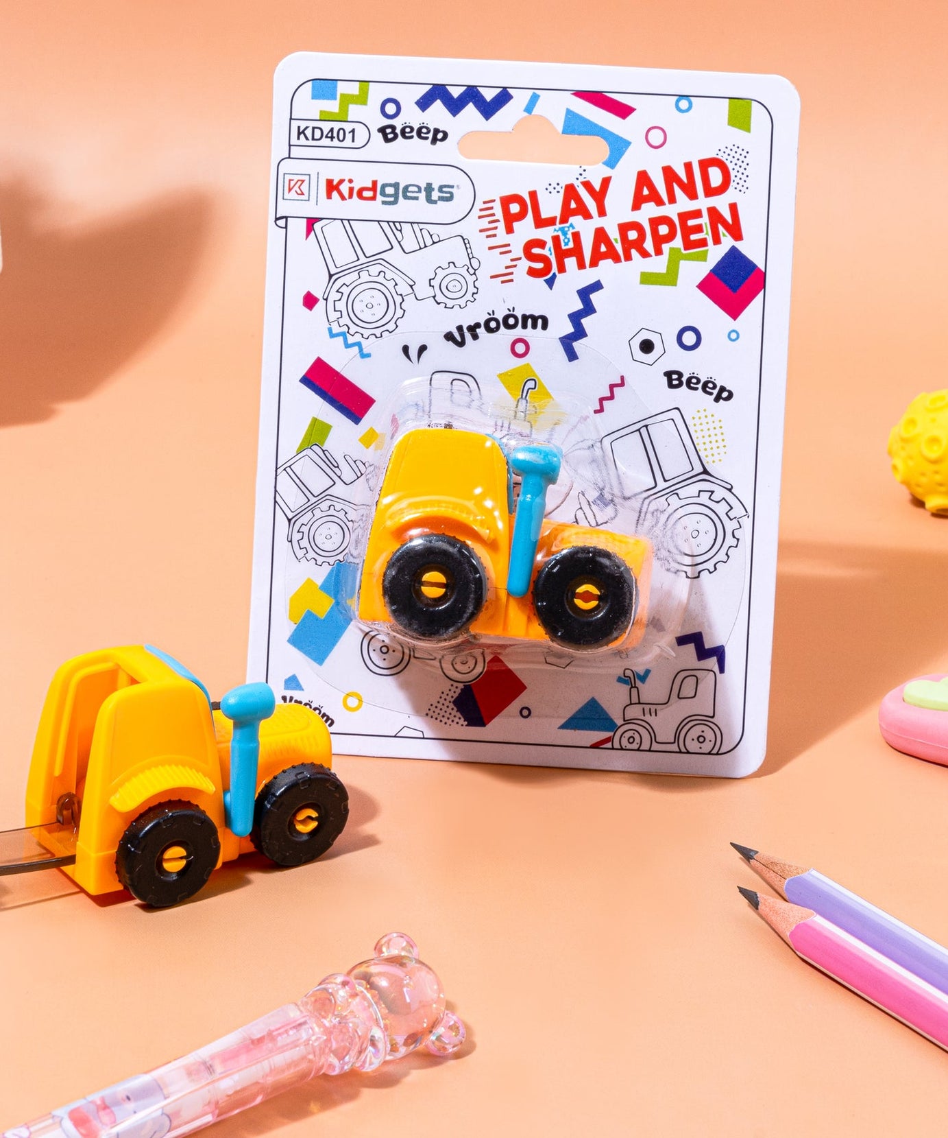 Kidgets KD401 Tractor Pencil Sharpener for Kids | Fun "Sharp and Store" Construction Stationery | Stainless Steel Blade | Assorted Colors