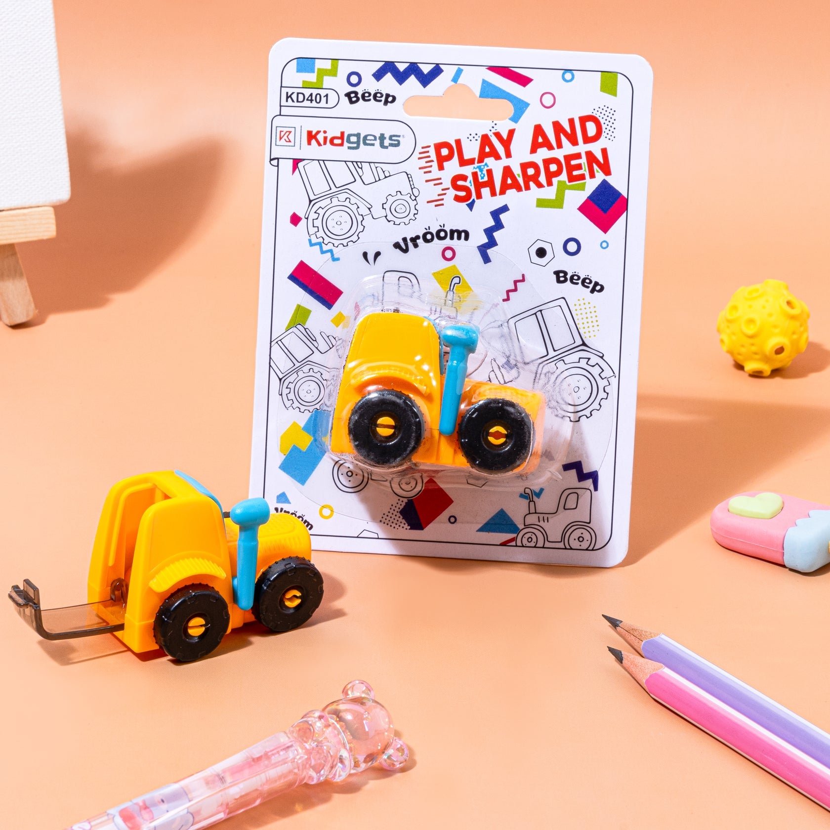 Kidgets KD401 Tractor Pencil Sharpener for Kids | Fun "Sharp and Store" Construction Stationery | Stainless Steel Blade | Assorted Colors