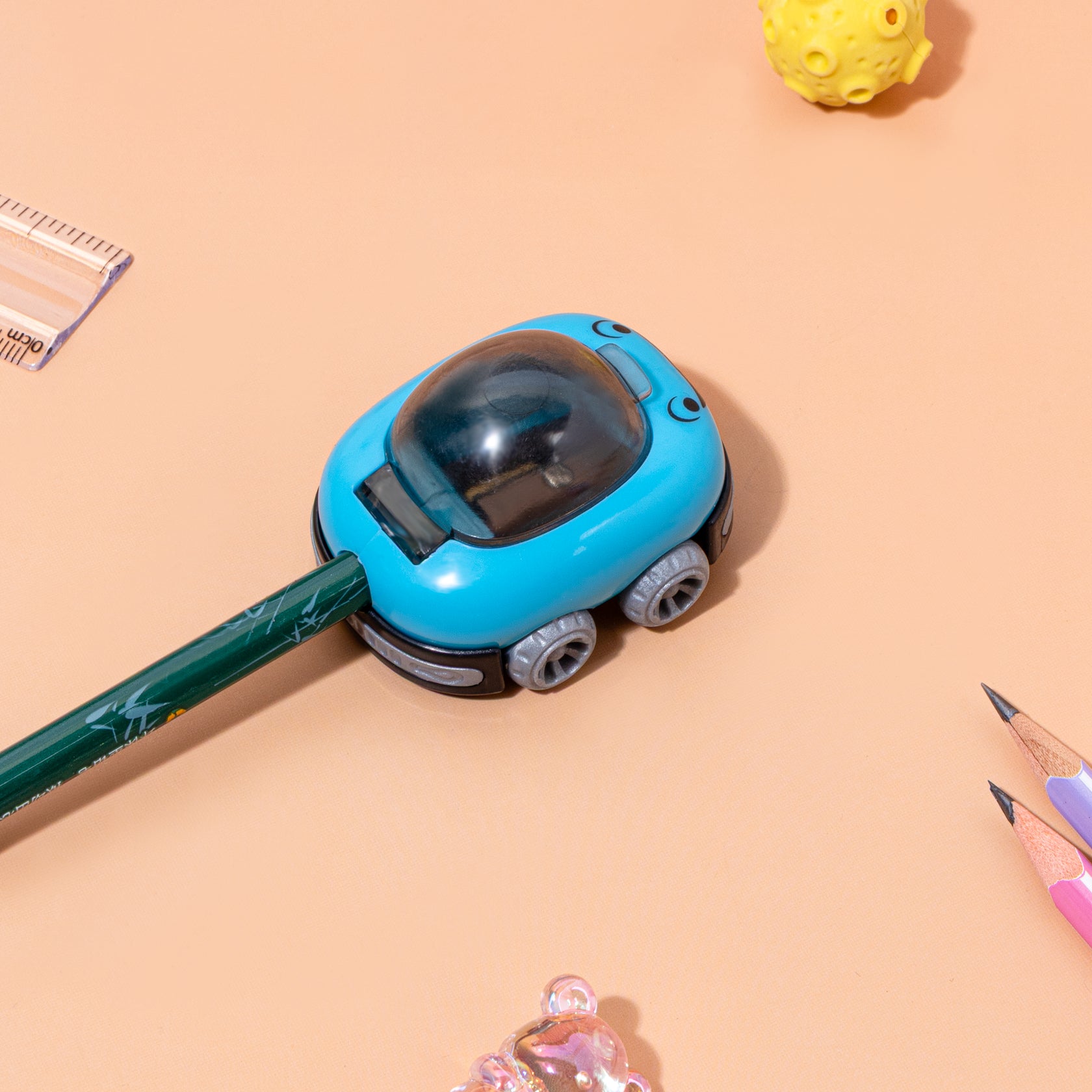 Kidgets KD402 Car Pencil Sharpener for Kids | Fun "Sharp and Store" Race Car Stationery | Stainless Steel Blade | Assorted Colors