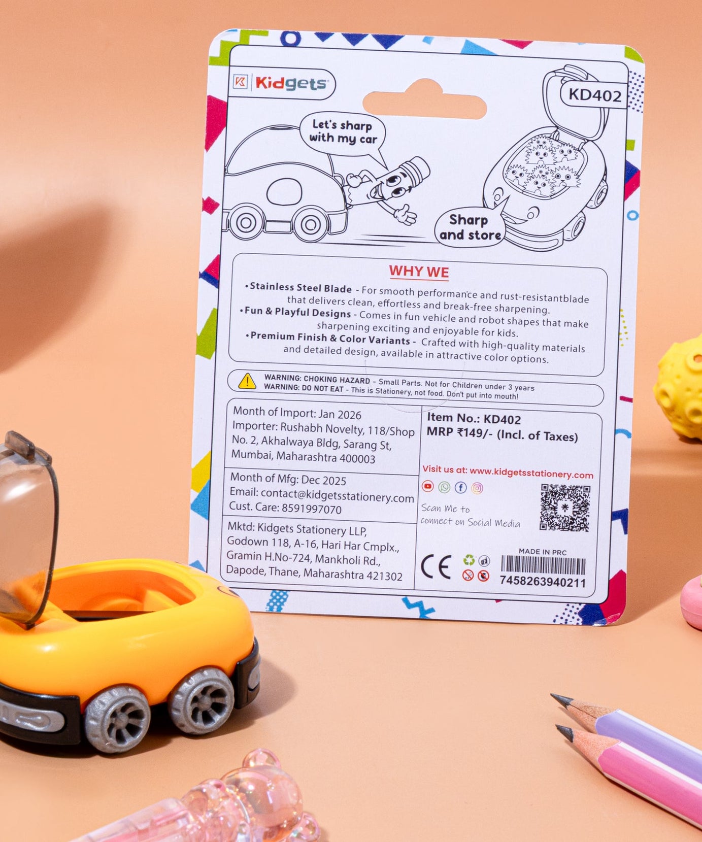 Kidgets KD402 Car Pencil Sharpener for Kids | Fun "Sharp and Store" Race Car Stationery | Stainless Steel Blade | Assorted Colors