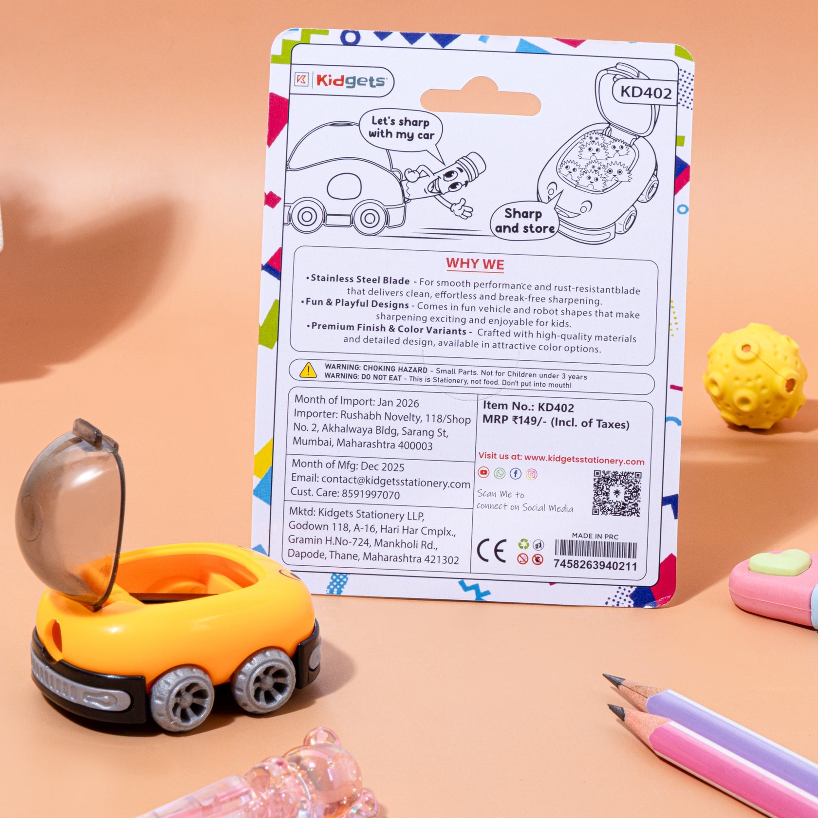 Kidgets KD402 Car Pencil Sharpener for Kids | Fun "Sharp and Store" Race Car Stationery | Stainless Steel Blade | Assorted Colors