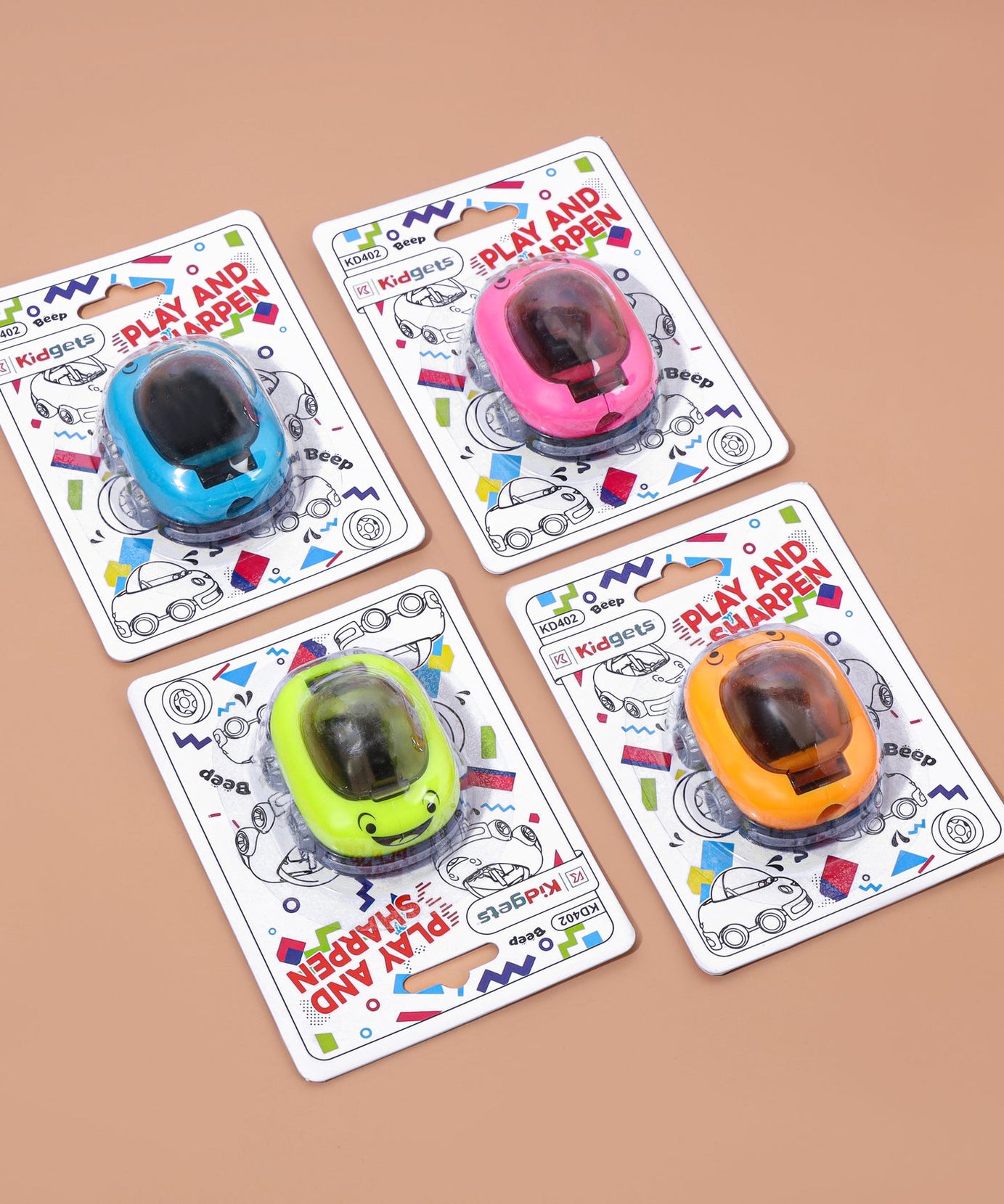 Kidgets KD402 Car Pencil Sharpener for Kids | Fun "Sharp and Store" Race Car Stationery | Stainless Steel Blade | Assorted Colors