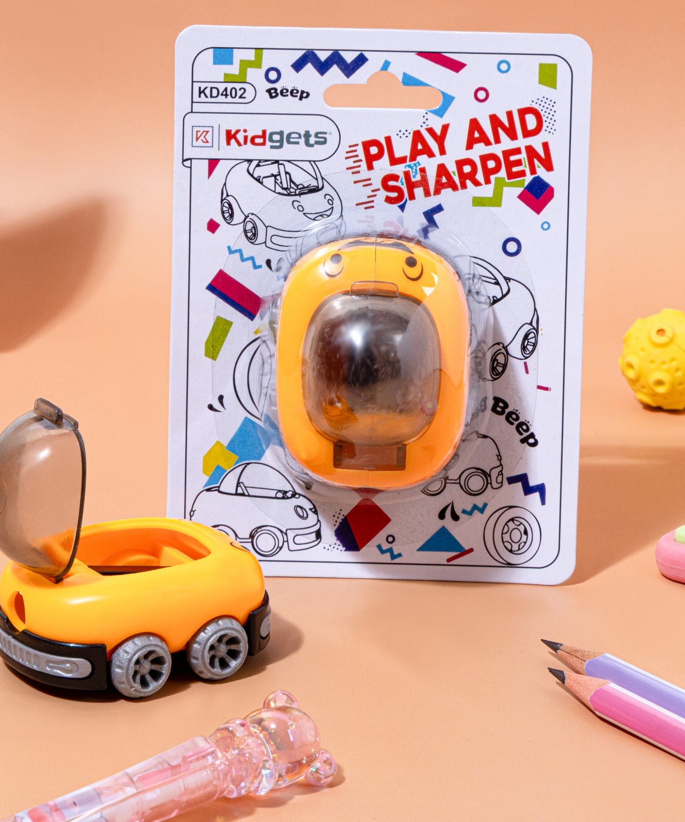 Kidgets KD402 Car Pencil Sharpener for Kids | Fun "Sharp and Store" Race Car Stationery | Stainless Steel Blade | Assorted Colors