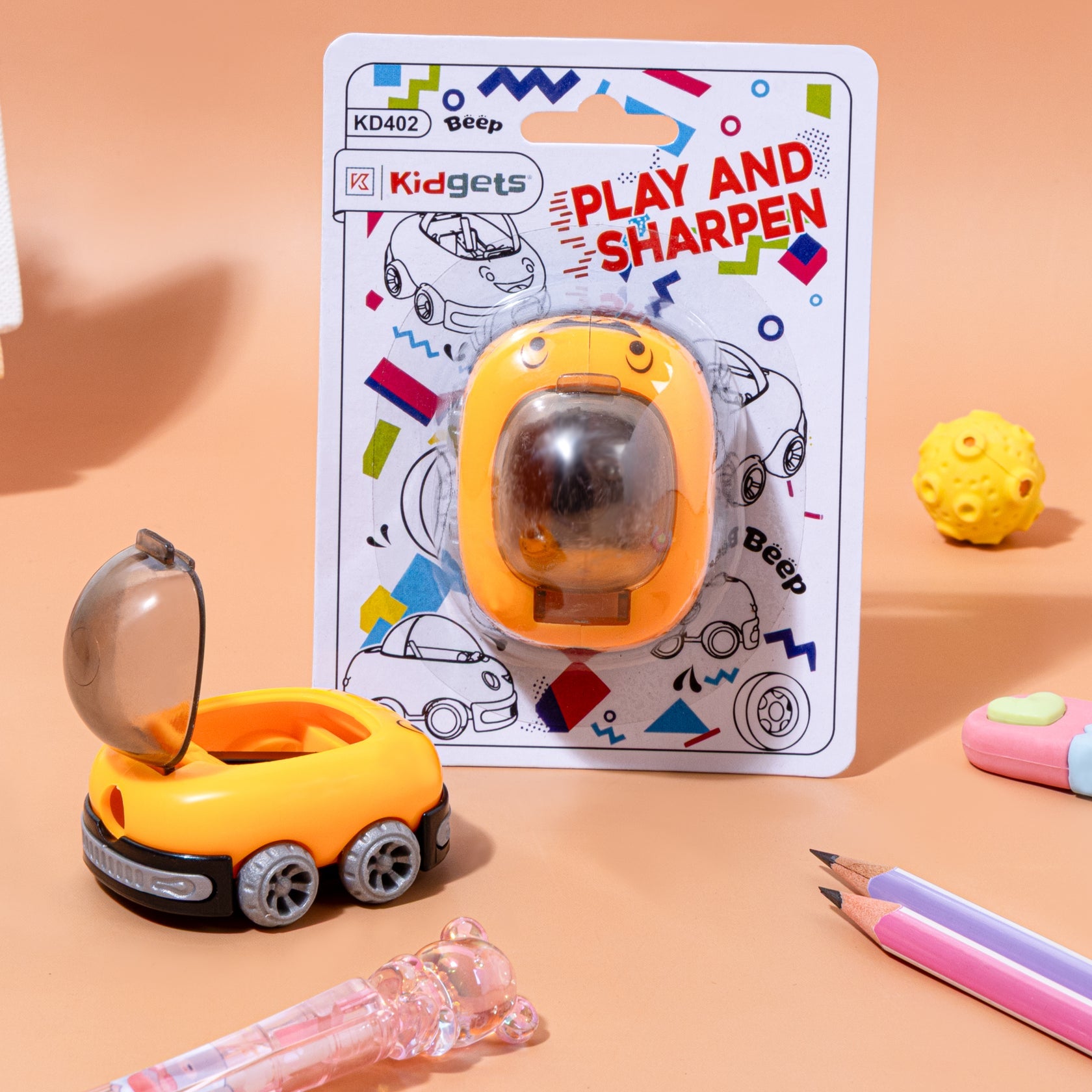 Kidgets KD402 Car Pencil Sharpener for Kids | Fun "Sharp and Store" Race Car Stationery | Stainless Steel Blade | Assorted Colors