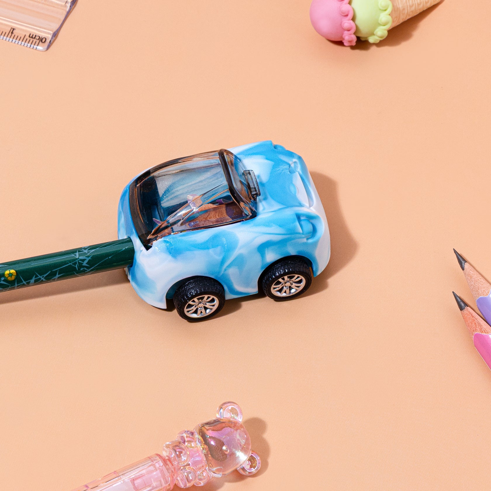 Kidgets KD403 Zippy Pull-Back Car Pencil Sharpener | 2-in-1 Toy & Stationery | Sharp and Store Shavings Bin | Stainless Steel Blade | Assorted Colors