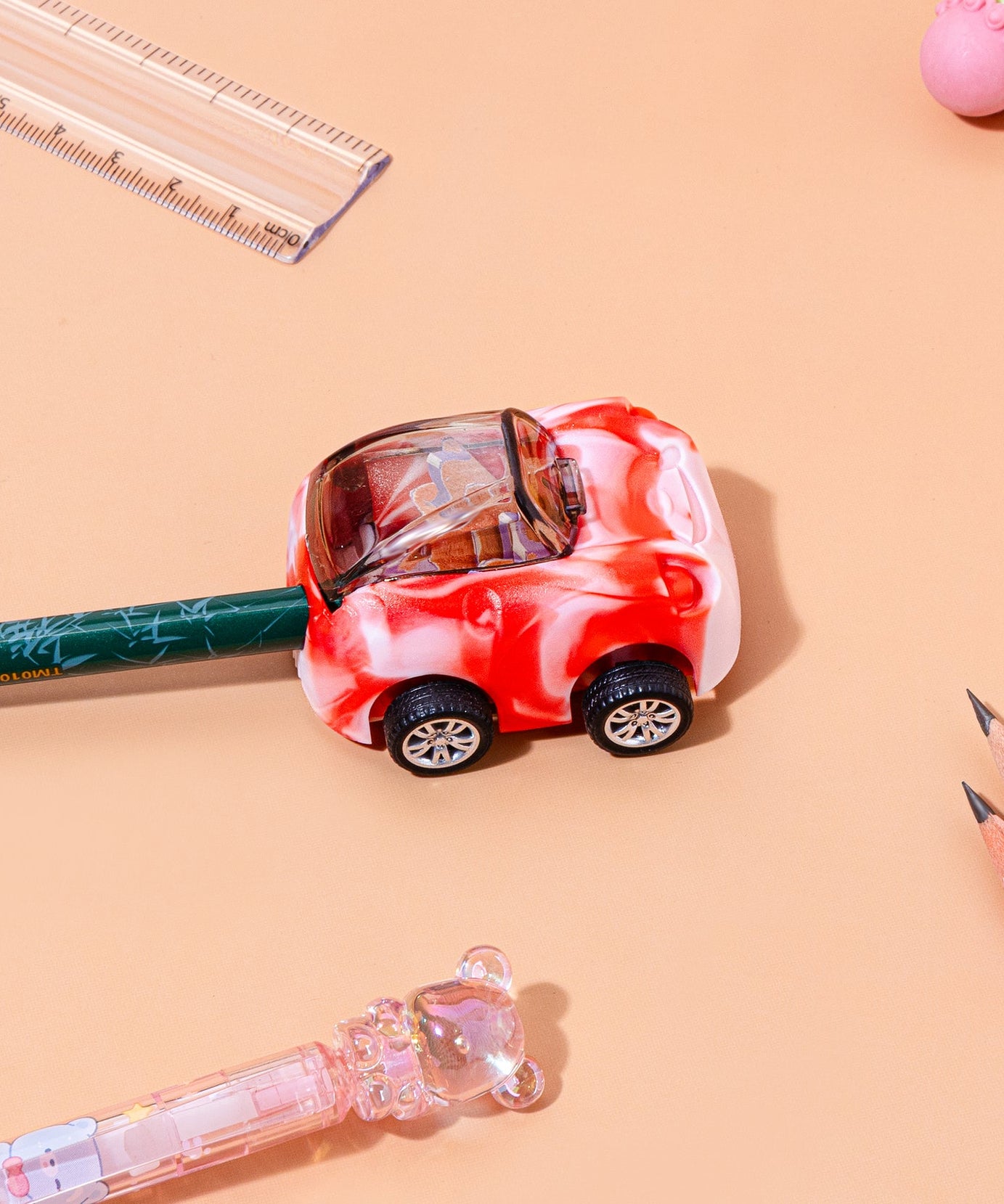 Kidgets KD403 Zippy Pull-Back Car Pencil Sharpener | 2-in-1 Toy & Stationery | Sharp and Store Shavings Bin | Stainless Steel Blade | Assorted Colors
