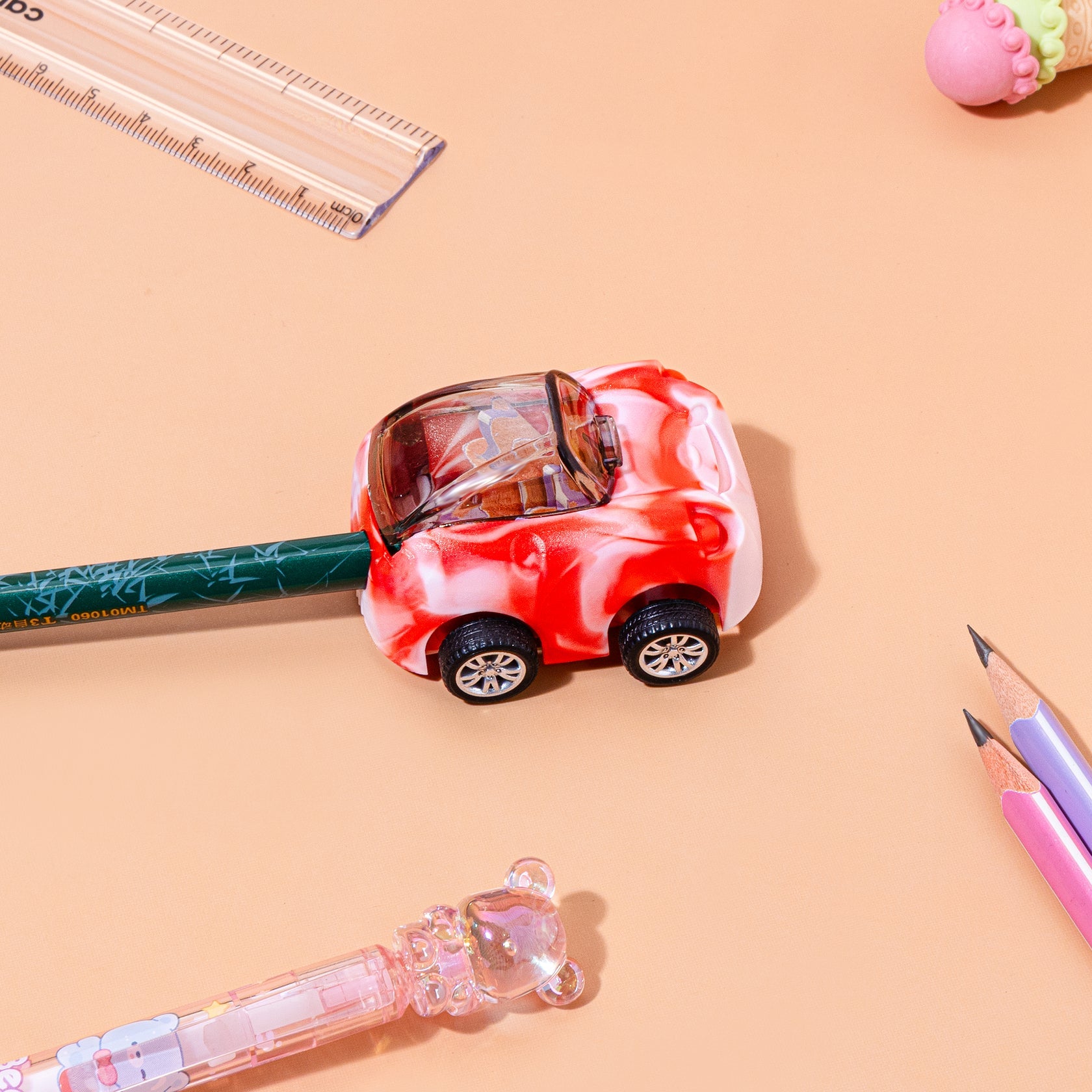Kidgets KD403 Zippy Pull-Back Car Pencil Sharpener | 2-in-1 Toy & Stationery | Sharp and Store Shavings Bin | Stainless Steel Blade | Assorted Colors