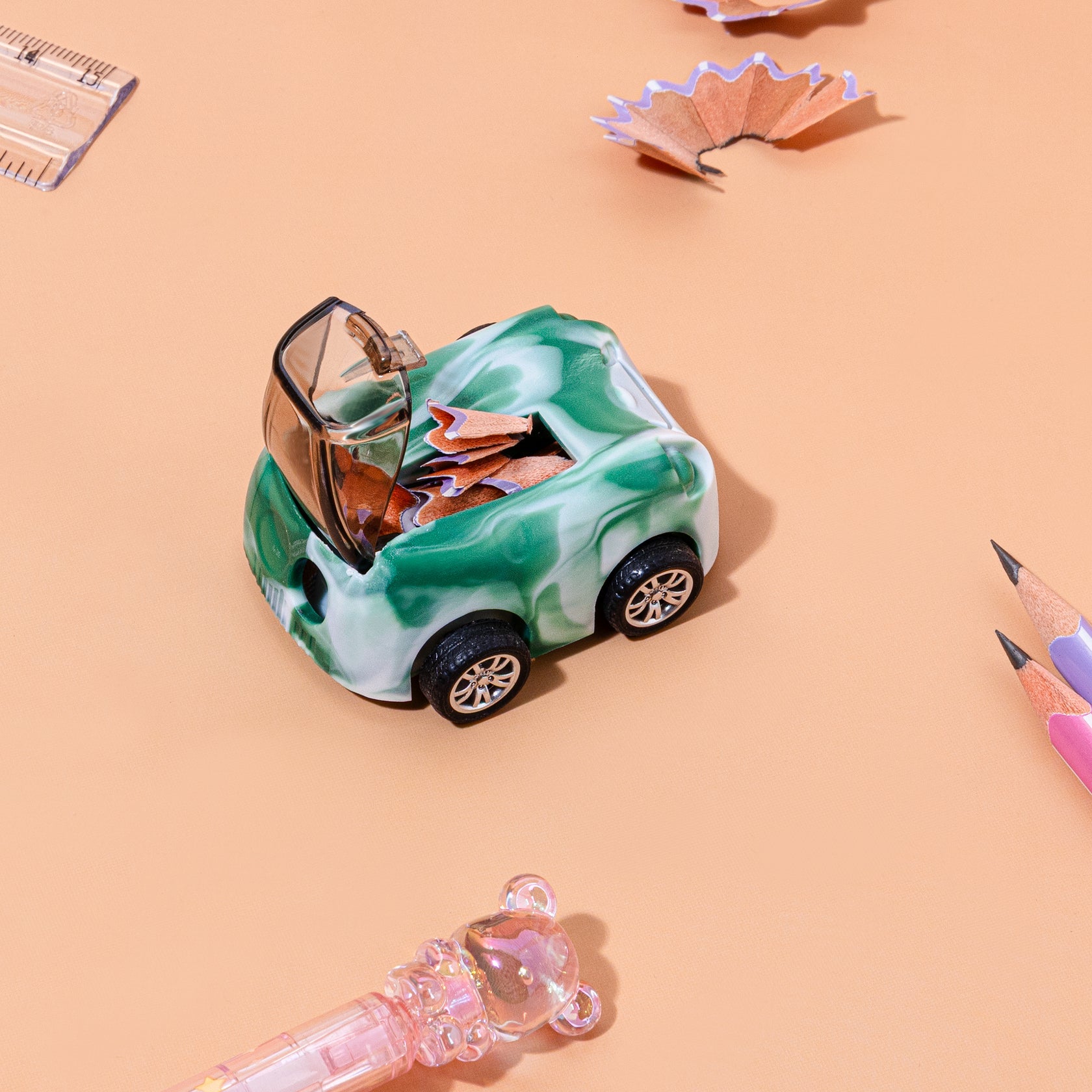 Kidgets KD403 Zippy Pull-Back Car Pencil Sharpener | 2-in-1 Toy & Stationery | Sharp and Store Shavings Bin | Stainless Steel Blade | Assorted Colors