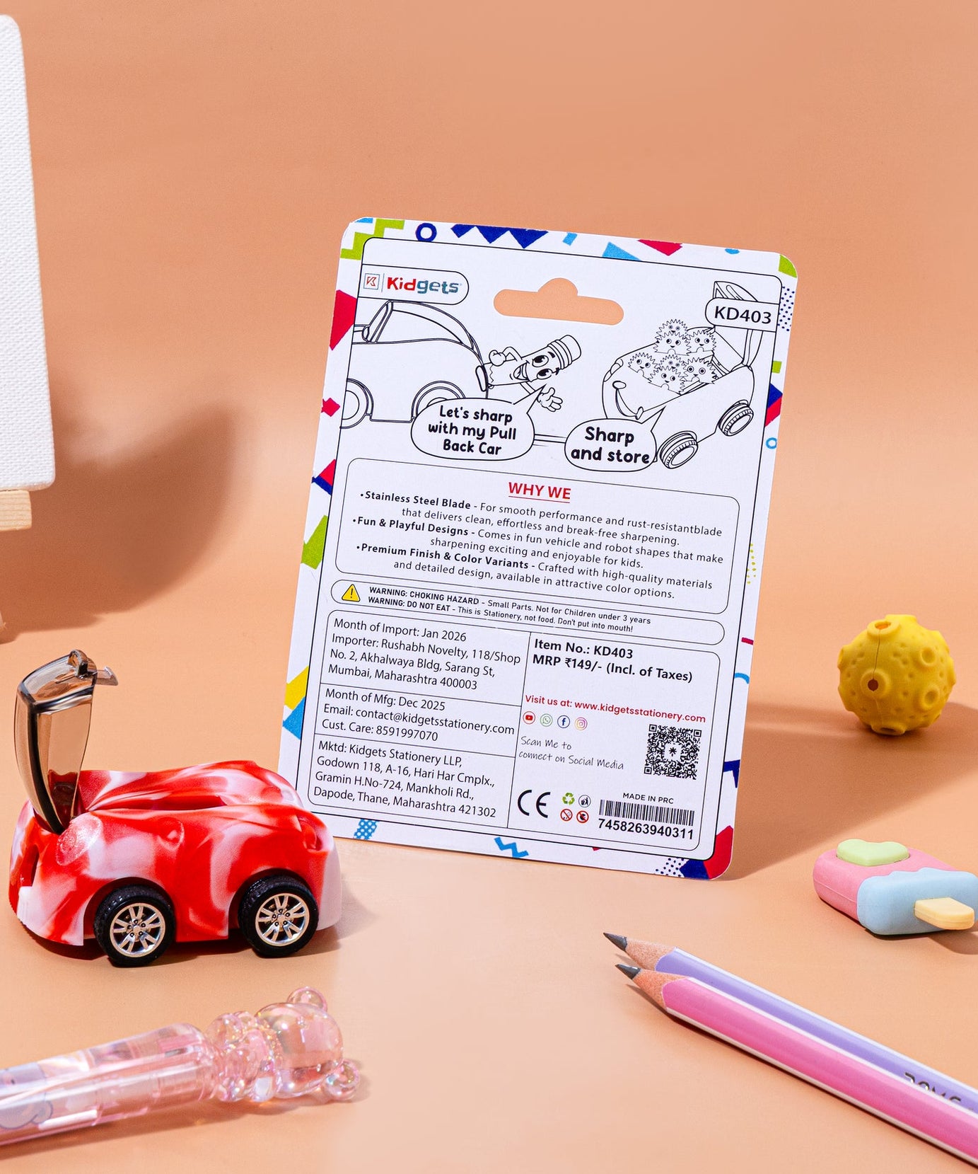 Kidgets KD403 Zippy Pull-Back Car Pencil Sharpener | 2-in-1 Toy & Stationery | Sharp and Store Shavings Bin | Stainless Steel Blade | Assorted Colors