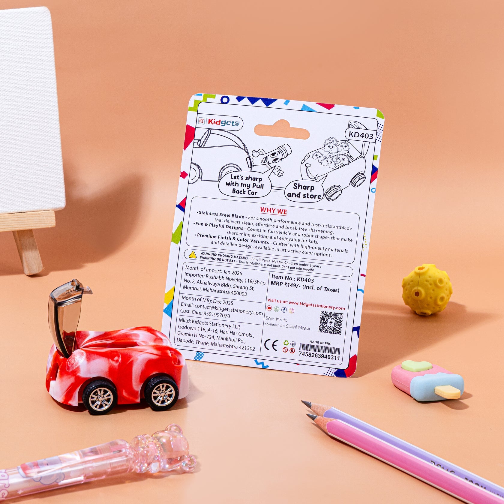 Kidgets KD403 Zippy Pull-Back Car Pencil Sharpener | 2-in-1 Toy & Stationery | Sharp and Store Shavings Bin | Stainless Steel Blade | Assorted Colors