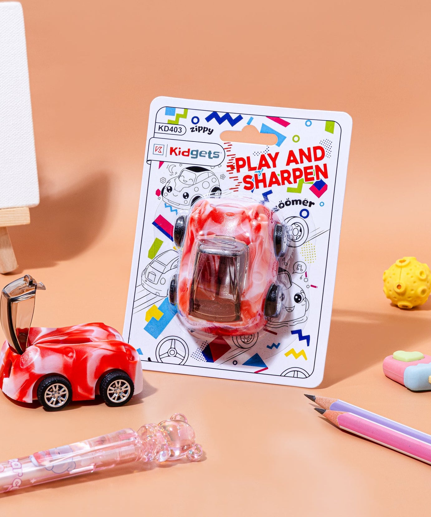 Kidgets KD403 Zippy Pull-Back Car Pencil Sharpener | 2-in-1 Toy & Stationery | Sharp and Store Shavings Bin | Stainless Steel Blade | Assorted Colors