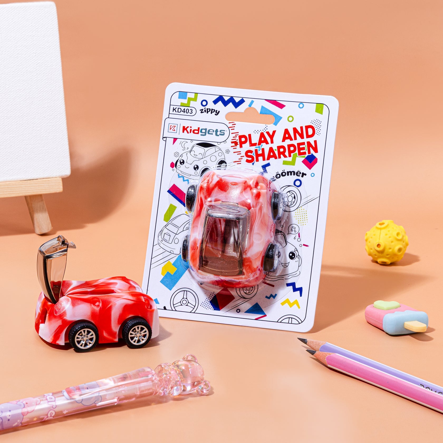 Kidgets KD403 Zippy Pull-Back Car Pencil Sharpener | 2-in-1 Toy & Stationery | Sharp and Store Shavings Bin | Stainless Steel Blade | Assorted Colors