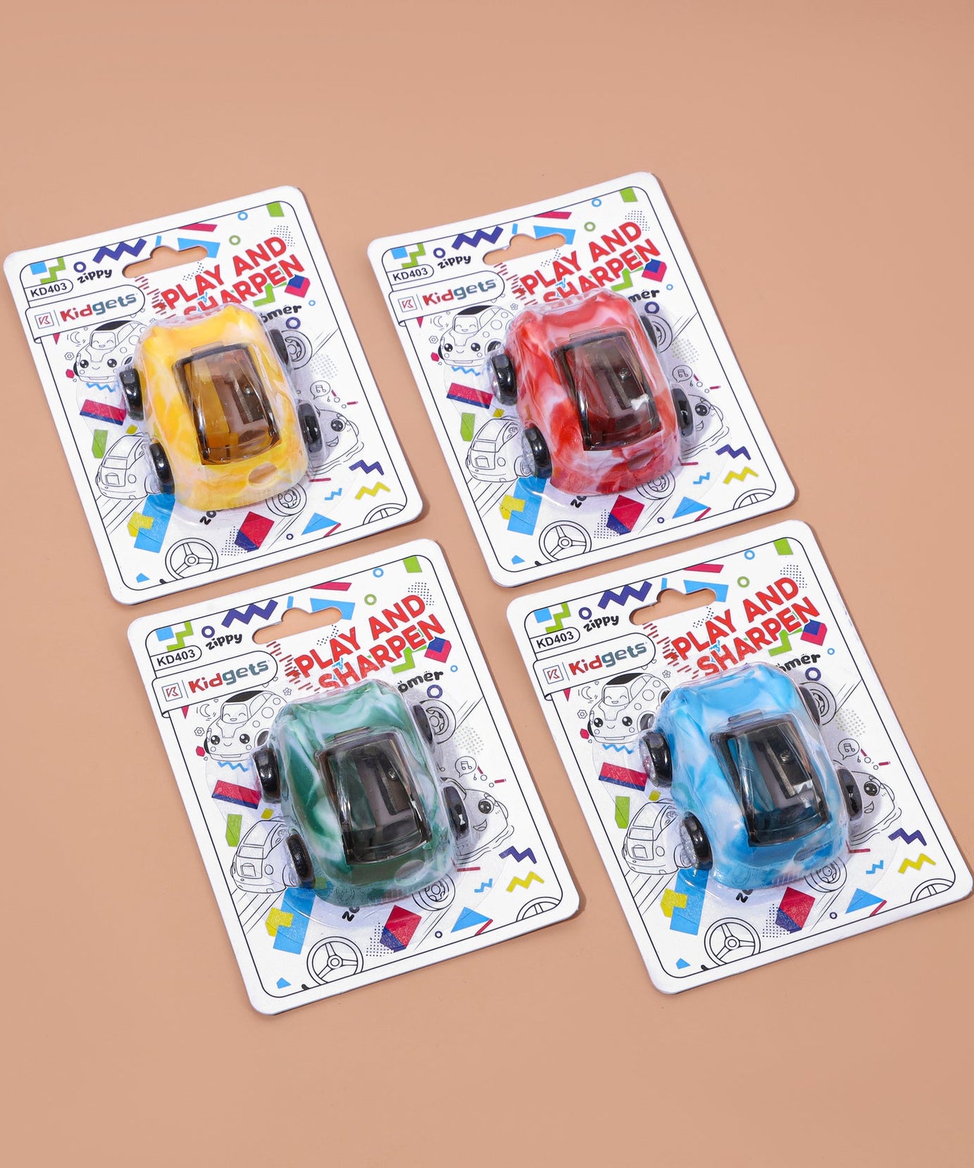 Kidgets KD403 Zippy Pull-Back Car Pencil Sharpener | 2-in-1 Toy & Stationery | Sharp and Store Shavings Bin | Stainless Steel Blade | Assorted Colors