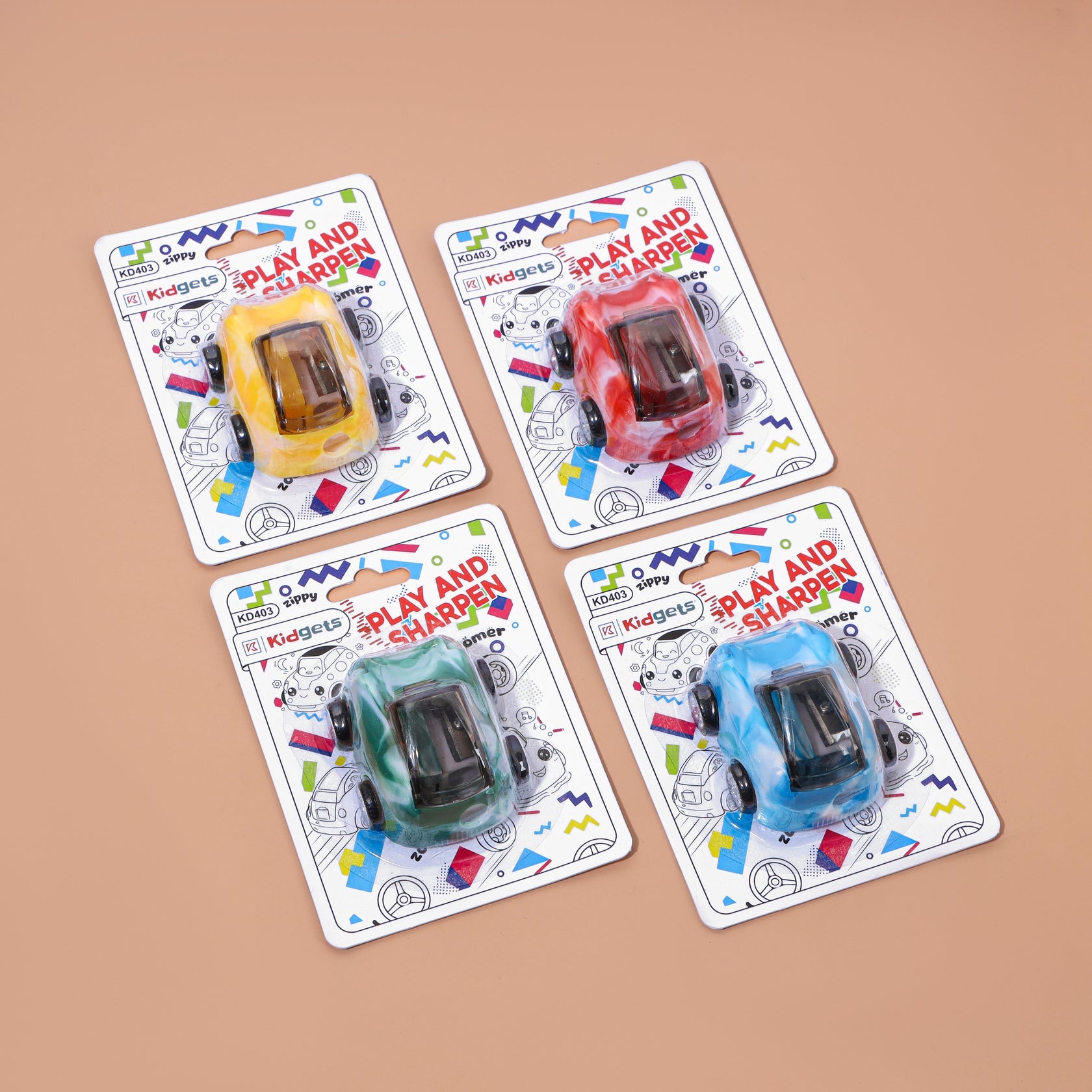 Kidgets KD403 Zippy Pull-Back Car Pencil Sharpener | 2-in-1 Toy & Stationery | Sharp and Store Shavings Bin | Stainless Steel Blade | Assorted Colors