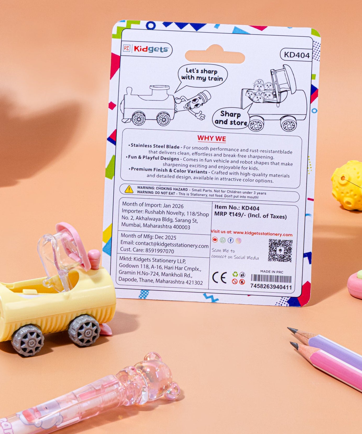 Kidgets KD404 Puffer Train Pencil Sharpener for Kids | Fun "Sharp and Store" Steam Engine Stationery | Stainless Steel Blade | Assorted Colors