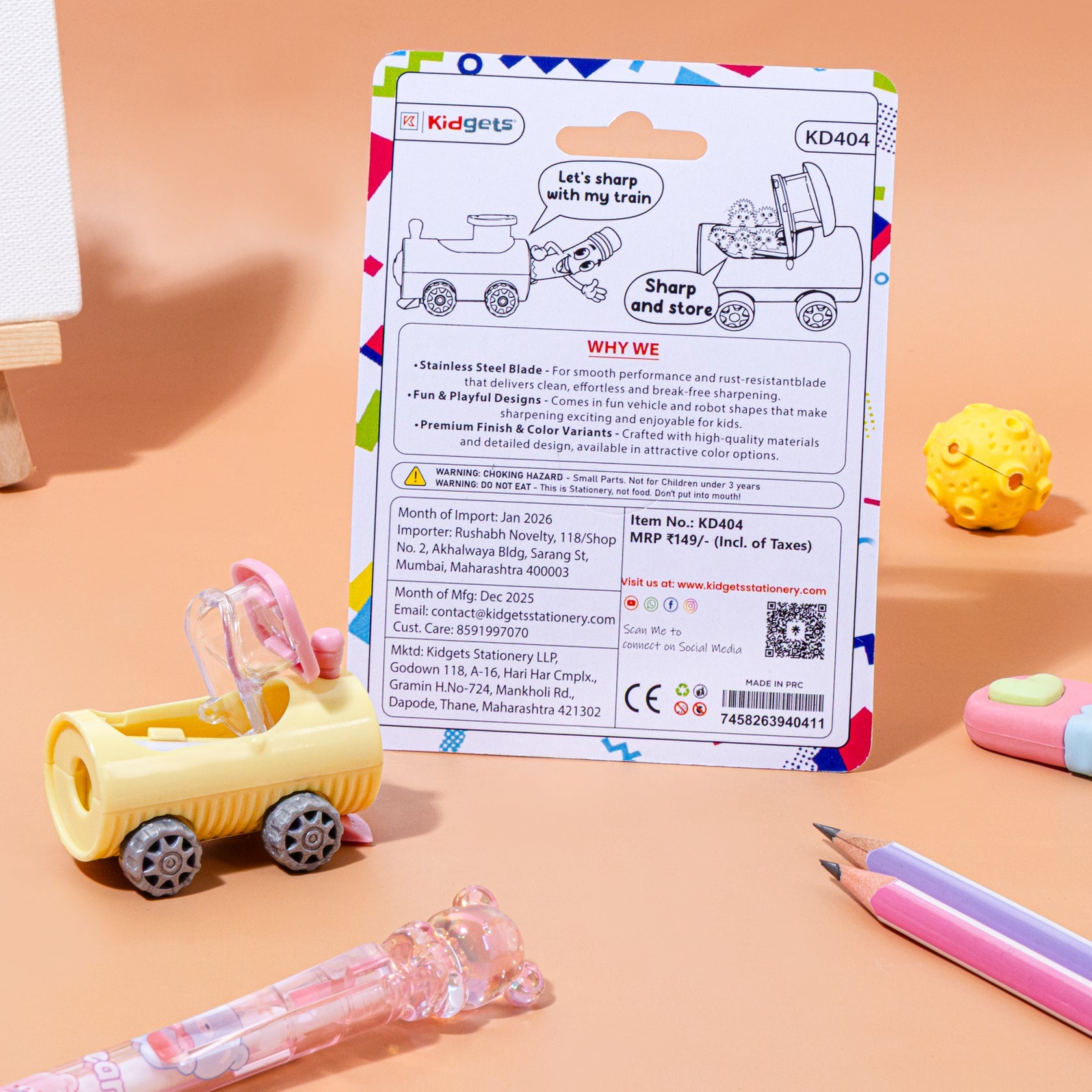 Kidgets KD404 Puffer Train Pencil Sharpener for Kids | Fun "Sharp and Store" Steam Engine Stationery | Stainless Steel Blade | Assorted Colors