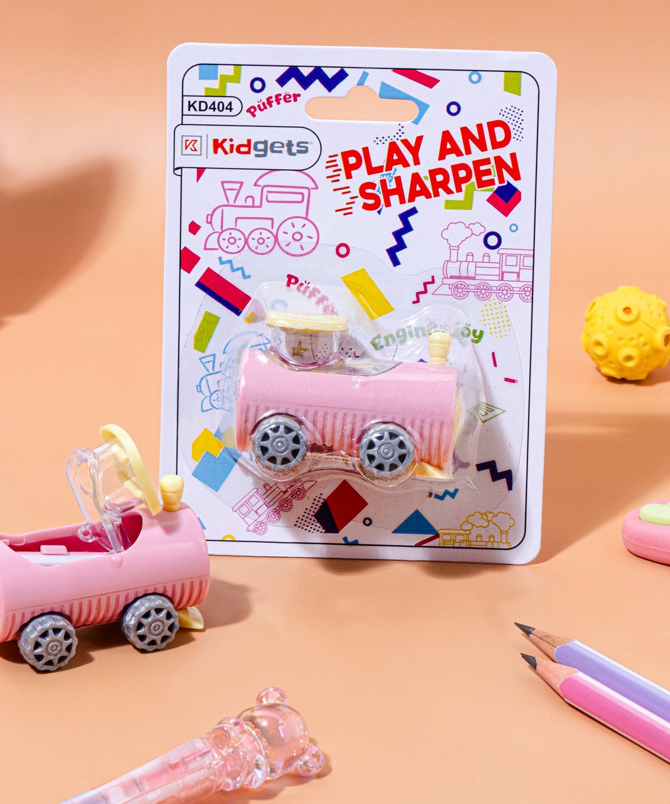 Kidgets KD404 Puffer Train Pencil Sharpener for Kids | Fun "Sharp and Store" Steam Engine Stationery | Stainless Steel Blade | Assorted Colors