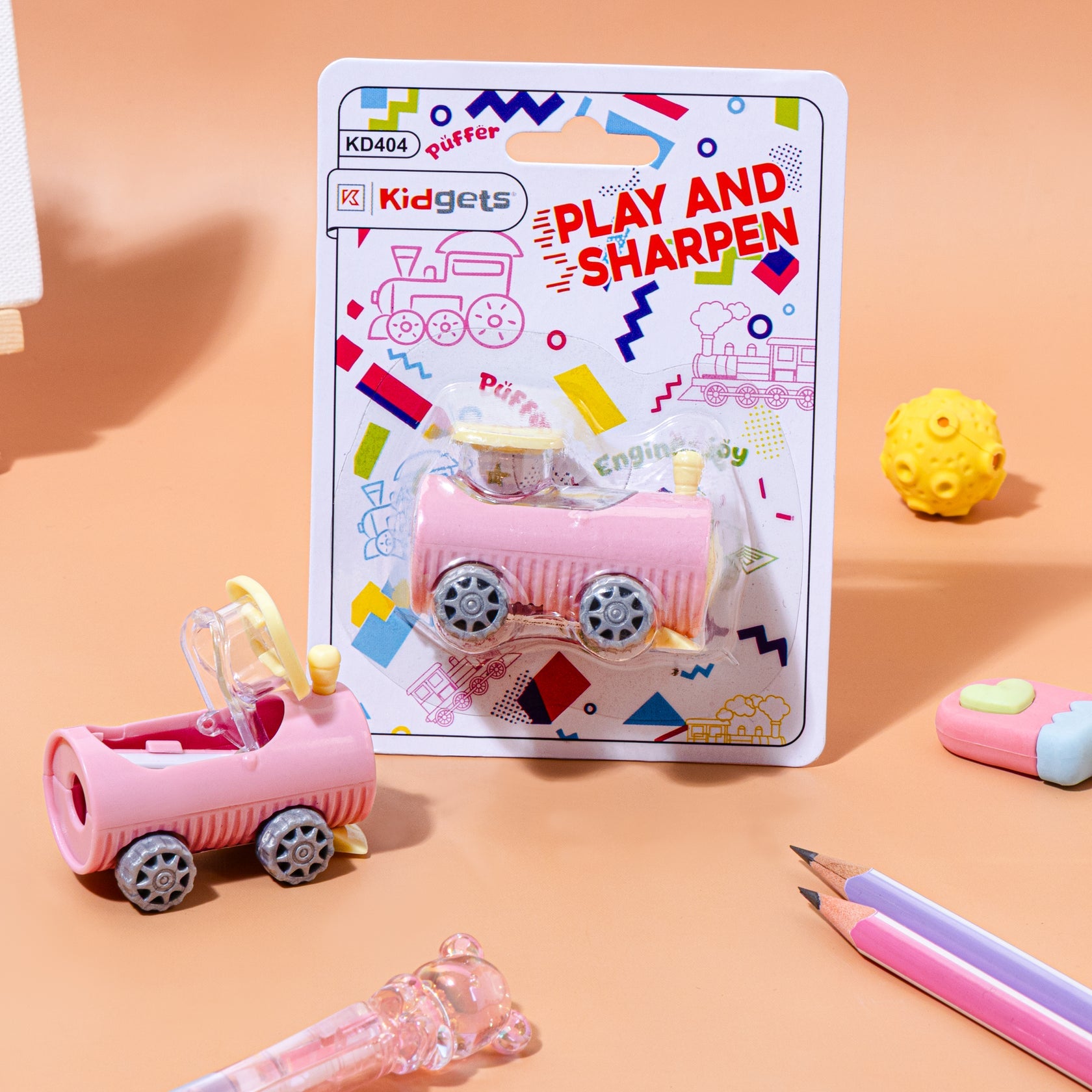 Kidgets KD404 Puffer Train Pencil Sharpener for Kids | Fun "Sharp and Store" Steam Engine Stationery | Stainless Steel Blade | Assorted Colors