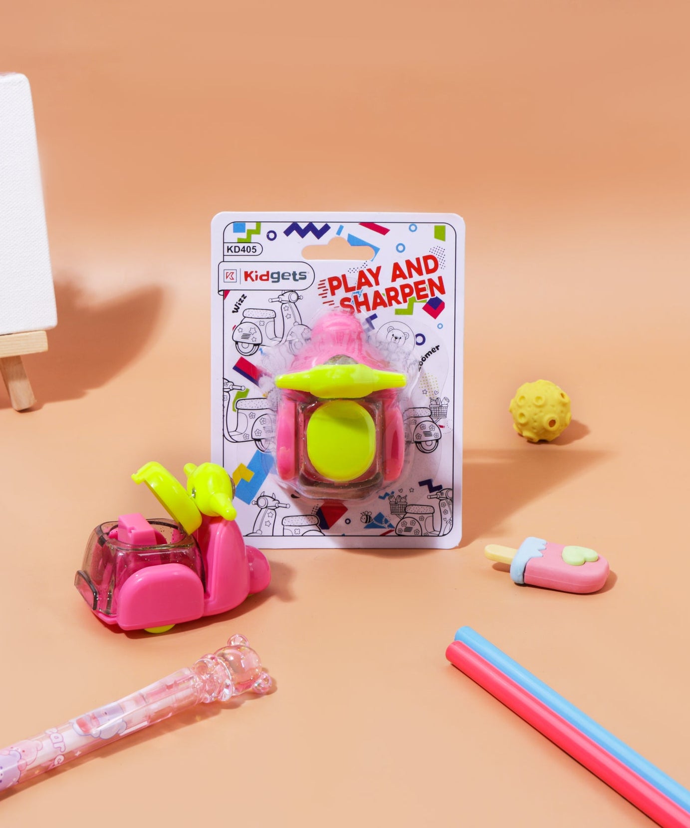 Kidgets KD405 Scooter Pencil Sharpener for Kids | Fun "Sharp and Store" Retro Scooter Stationery | Stainless Steel Blade | Assorted Colors