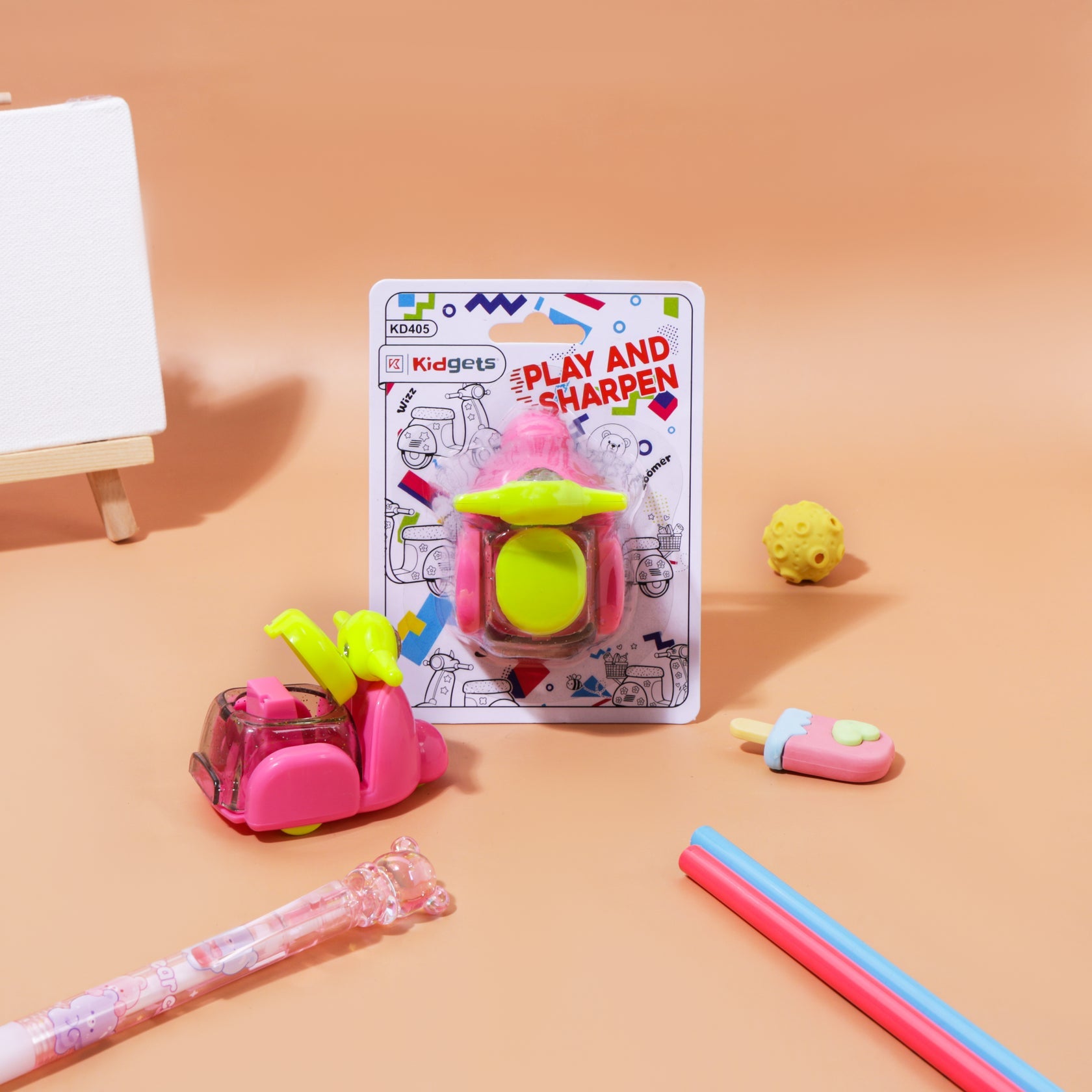 Kidgets KD405 Scooter Pencil Sharpener for Kids | Fun "Sharp and Store" Retro Scooter Stationery | Stainless Steel Blade | Assorted Colors