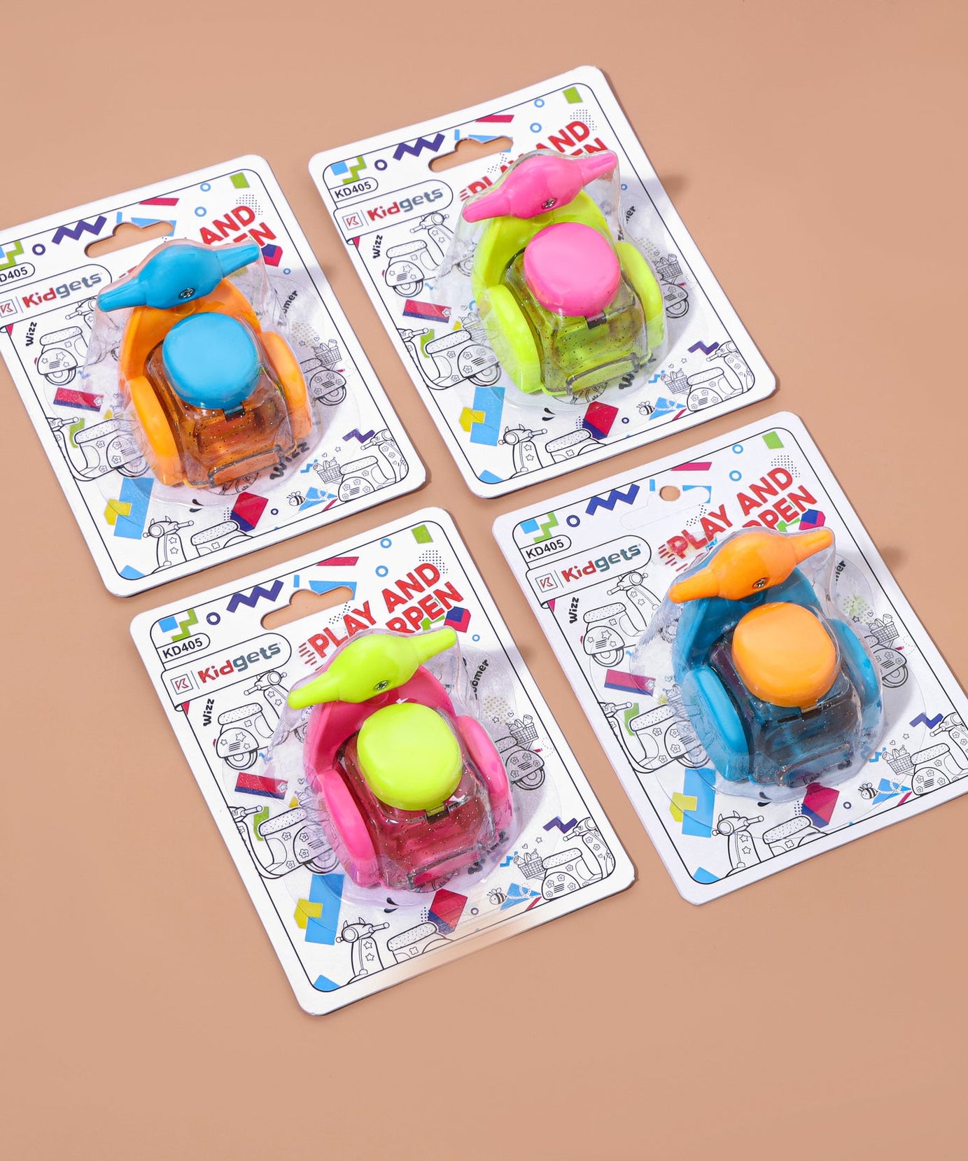Kidgets KD405 Scooter Pencil Sharpener for Kids | Fun "Sharp and Store" Retro Scooter Stationery | Stainless Steel Blade | Assorted Colors