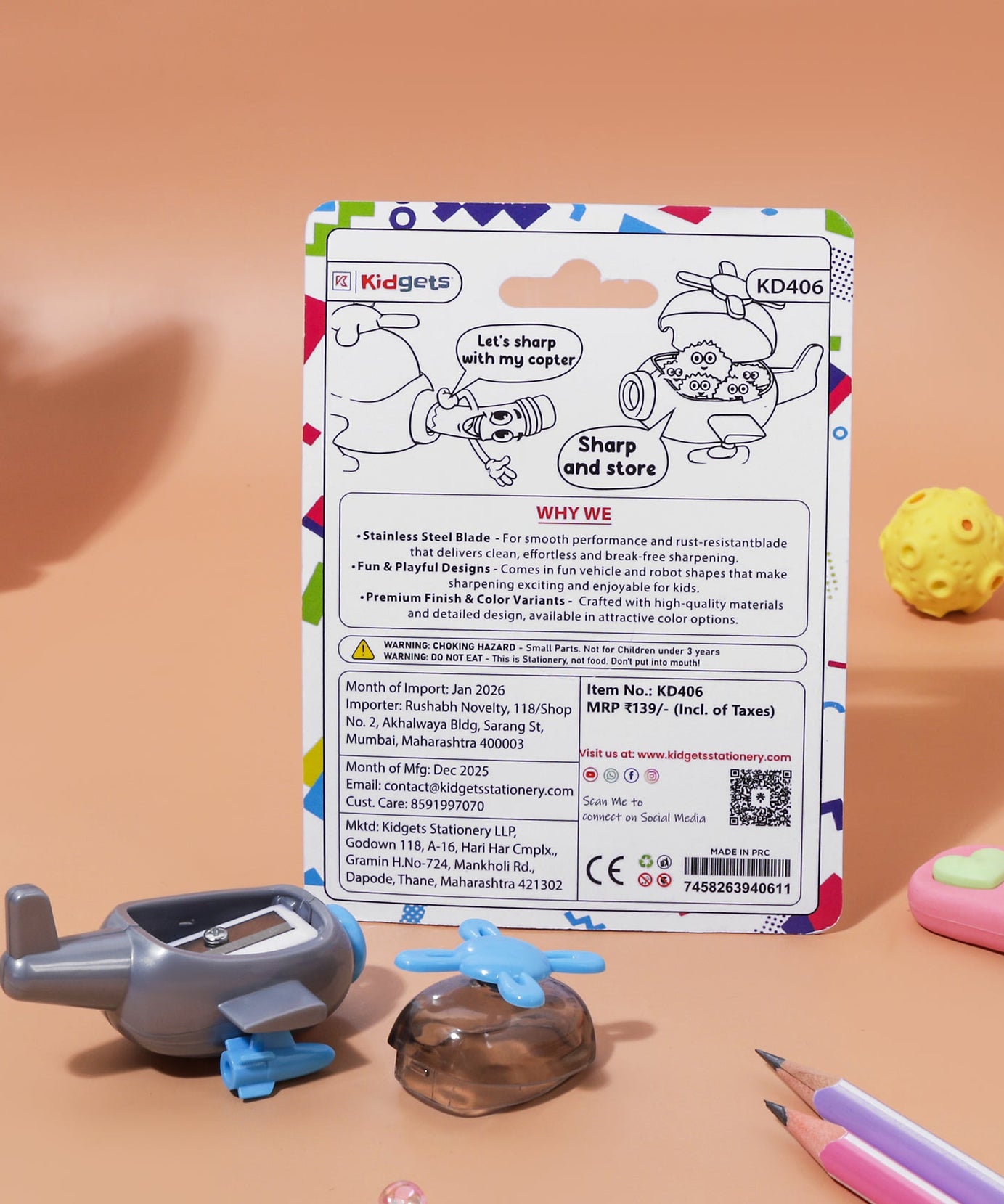 Kidgets KD406 Helicopter Pencil Sharpener for Kids | Fun "Sharp and Store" Copter Stationery | Stainless Steel Blade | Assorted Colors