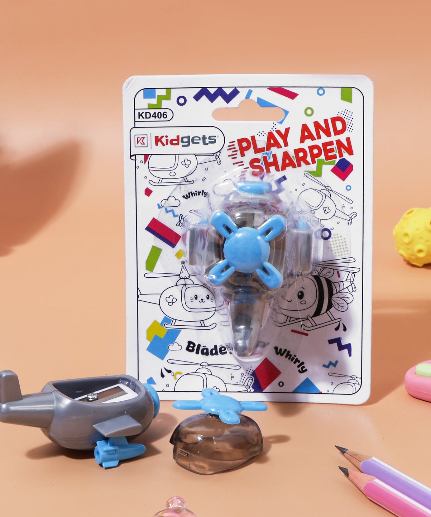 Kidgets KD406 Helicopter Pencil Sharpener for Kids | Fun "Sharp and Store" Copter Stationery | Stainless Steel Blade | Assorted Colors