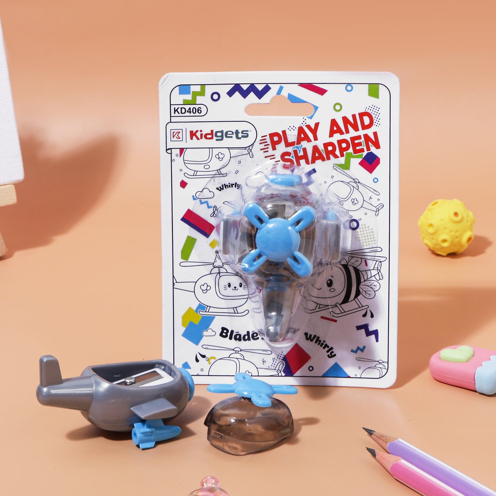 Kidgets KD406 Helicopter Pencil Sharpener for Kids | Fun "Sharp and Store" Copter Stationery | Stainless Steel Blade | Assorted Colors