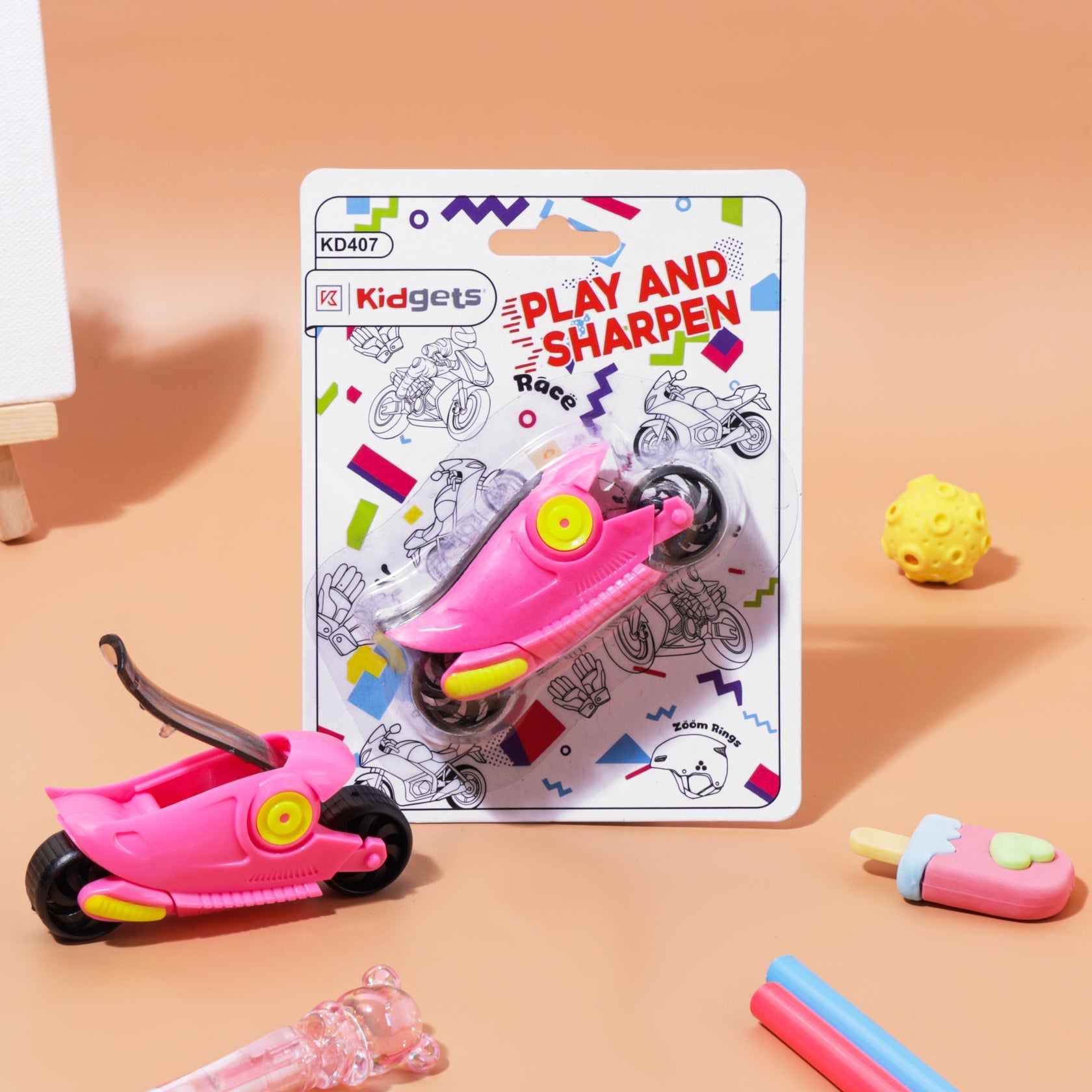 Kidgets KD407 Sports Bike Pencil Sharpener for Kids | Fun "Sharp and Store" Racing Motorcycle Stationery | Stainless Steel Blade | Assorted Colors