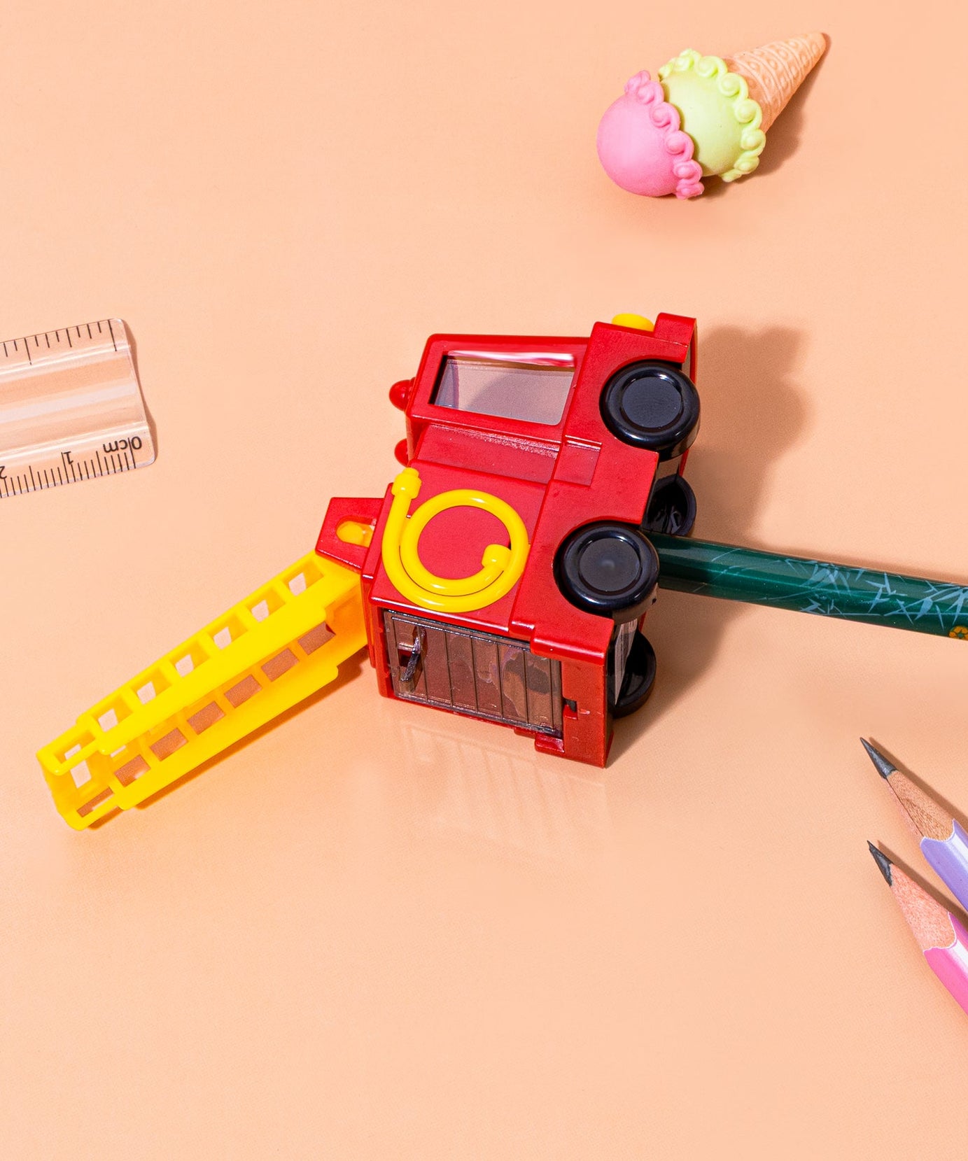 Kidgets KD408 Sparky Fire Truck Pencil Sharpener for Kids | Fun "Sharp and Store" Emergency Vehicle Stationery | Stainless Steel Blade | Assorted Colors