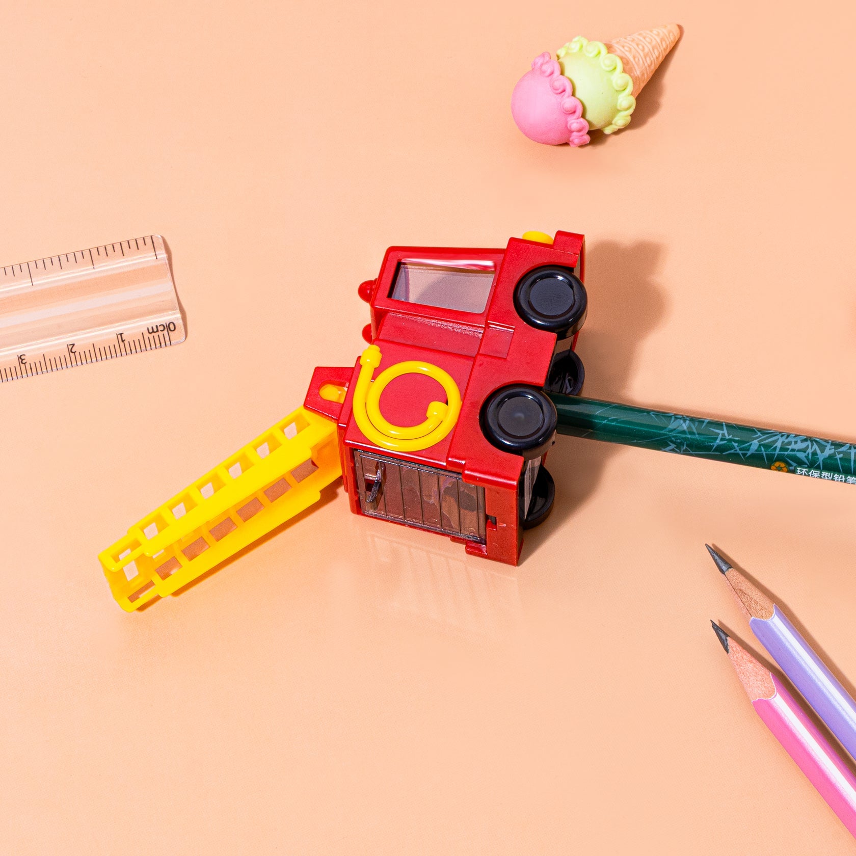 Kidgets KD408 Sparky Fire Truck Pencil Sharpener for Kids | Fun "Sharp and Store" Emergency Vehicle Stationery | Stainless Steel Blade | Assorted Colors
