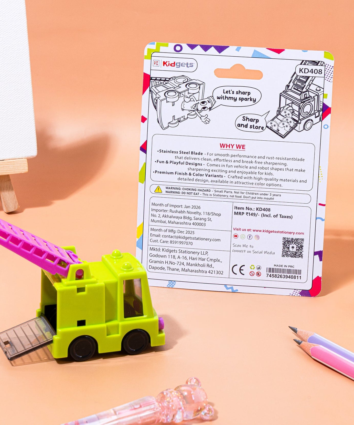 Kidgets KD408 Sparky Fire Truck Pencil Sharpener for Kids | Fun "Sharp and Store" Emergency Vehicle Stationery | Stainless Steel Blade | Assorted Colors