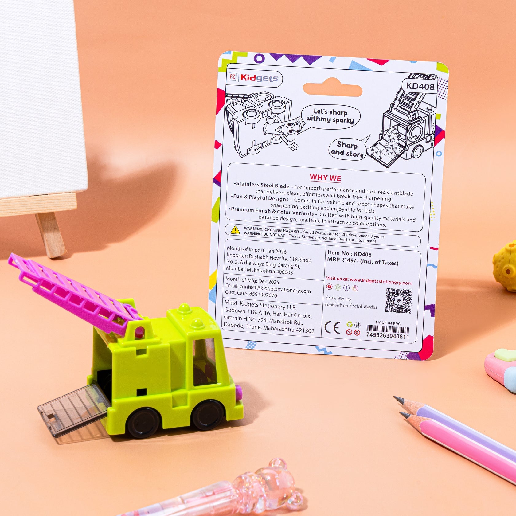 Kidgets KD408 Sparky Fire Truck Pencil Sharpener for Kids | Fun "Sharp and Store" Emergency Vehicle Stationery | Stainless Steel Blade | Assorted Colors
