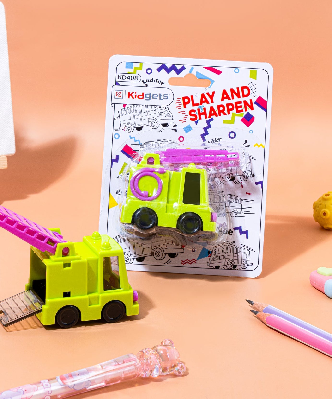Kidgets KD408 Sparky Fire Truck Pencil Sharpener for Kids | Fun "Sharp and Store" Emergency Vehicle Stationery | Stainless Steel Blade | Assorted Colors