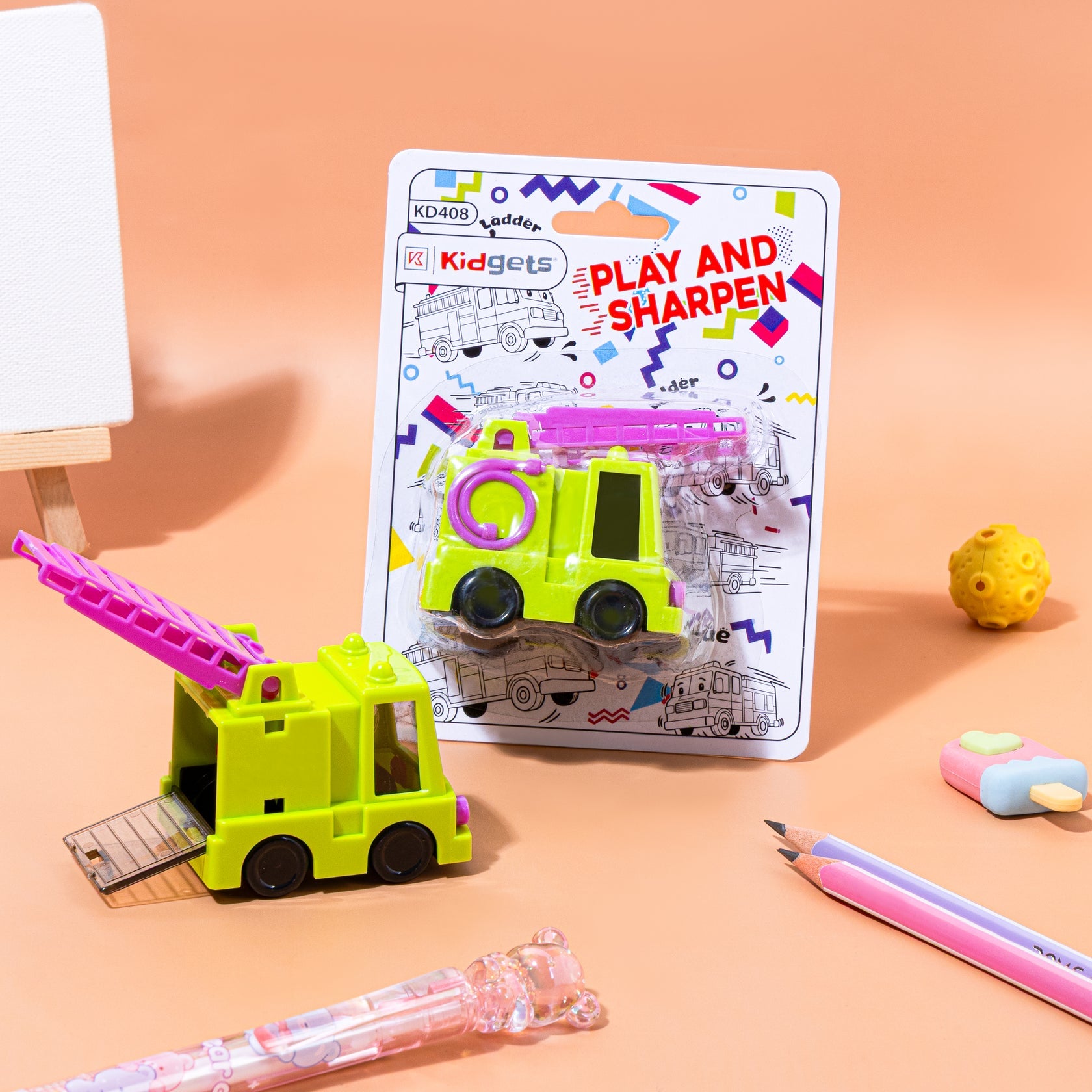 Kidgets KD408 Sparky Fire Truck Pencil Sharpener for Kids | Fun "Sharp and Store" Emergency Vehicle Stationery | Stainless Steel Blade | Assorted Colors
