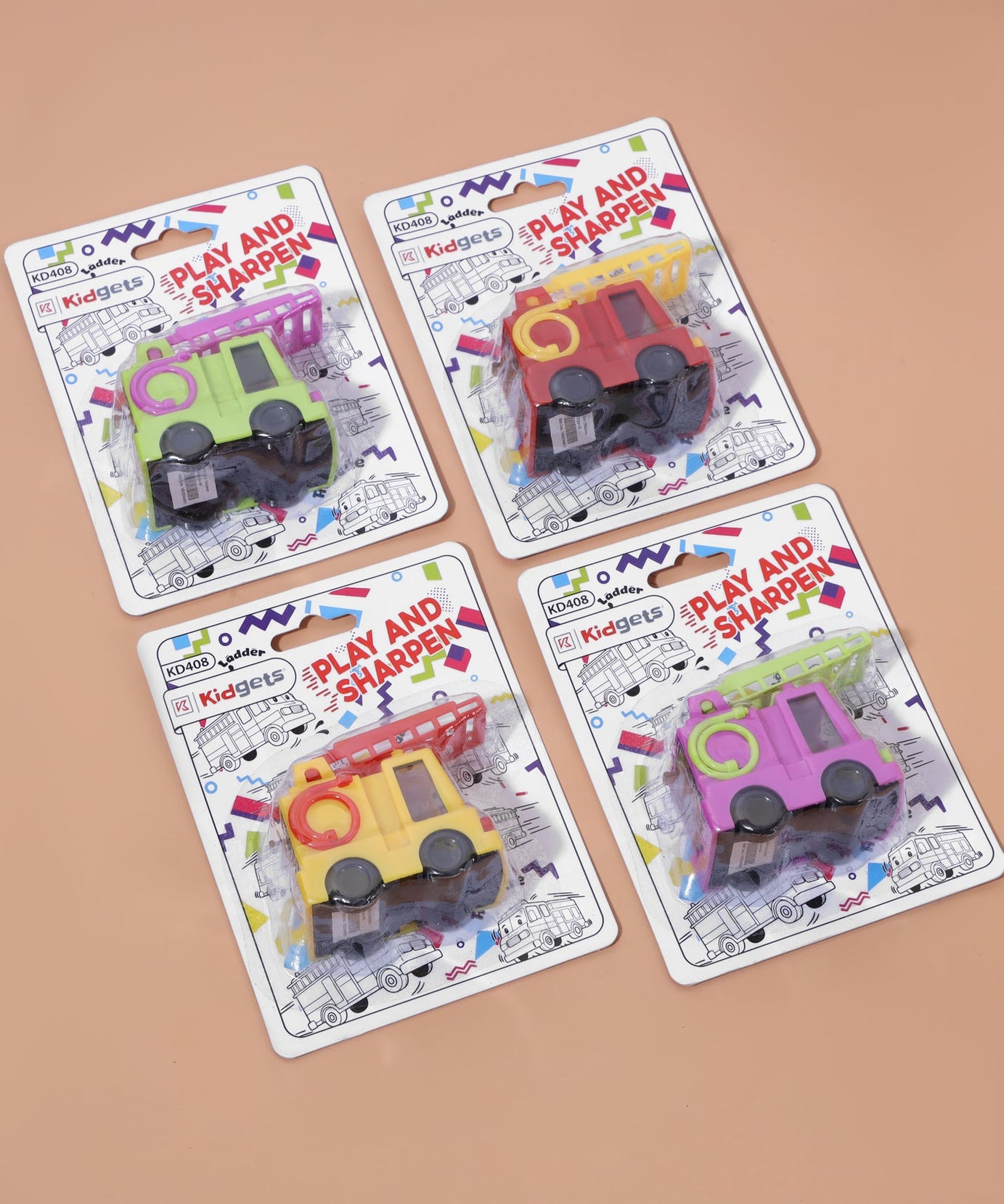 Kidgets KD408 Sparky Fire Truck Pencil Sharpener for Kids | Fun "Sharp and Store" Emergency Vehicle Stationery | Stainless Steel Blade | Assorted Colors