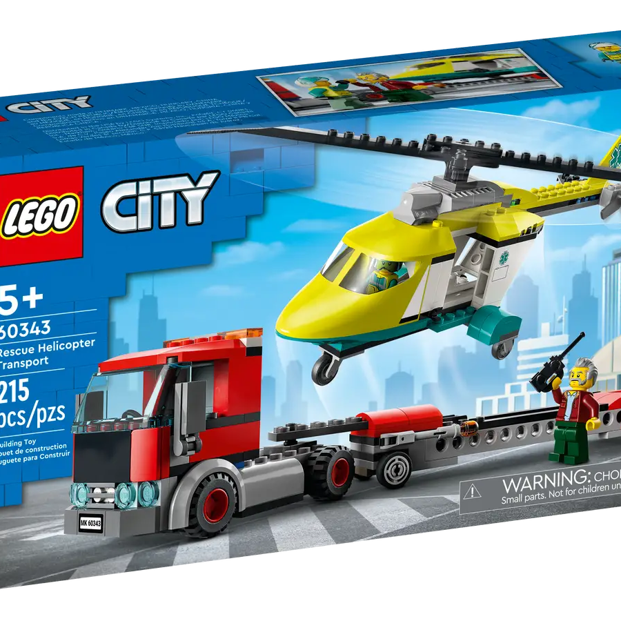 LEGO City 60343 Rescue Helicopter Transport Truck – 215 Pieces – Articulated Trailer & Helicopter Set for Kids 7+ Years with Spinning Blades & Minifigures | Fun & Engaging Roleplay Building Kit