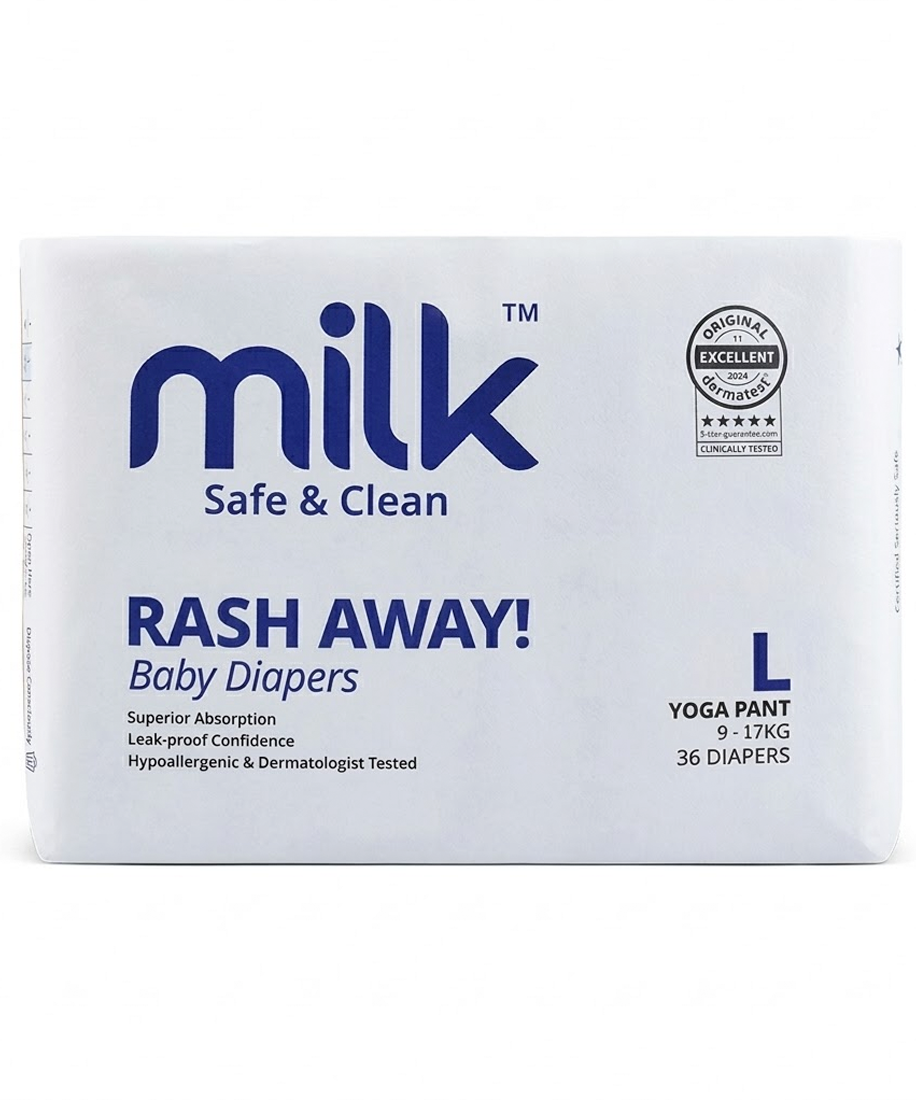 Milk Rash Away Baby Diapers | Large (L) Size Yoga Pant Pull-Ups | 36 Count | 9-17kg | Superior Absorption, Leak-Proof & Dermatologist Tested