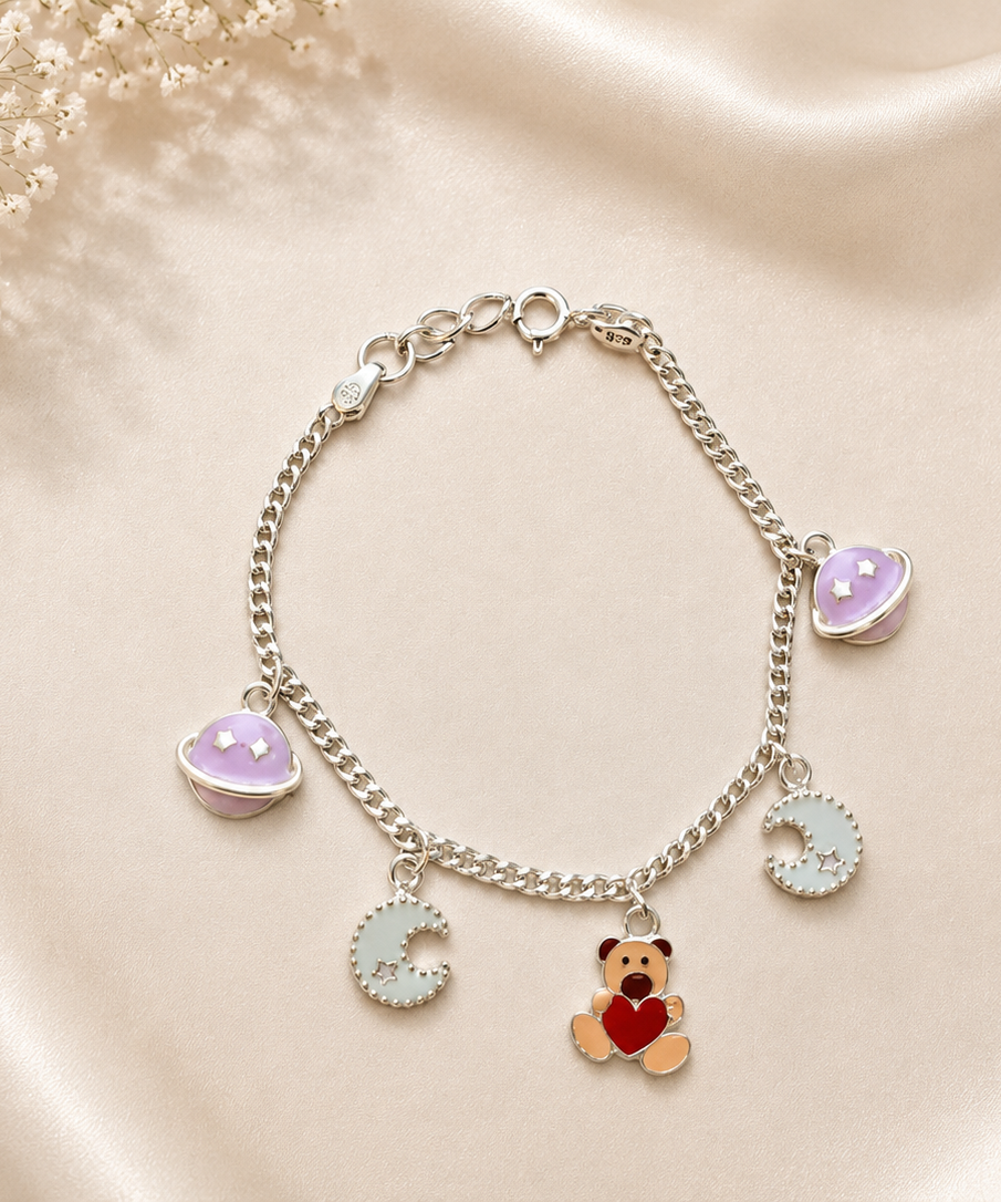 Celestial Dreams Teddy Bear Charm Bracelet - 925 Sterling Silver Jewelry for Kids