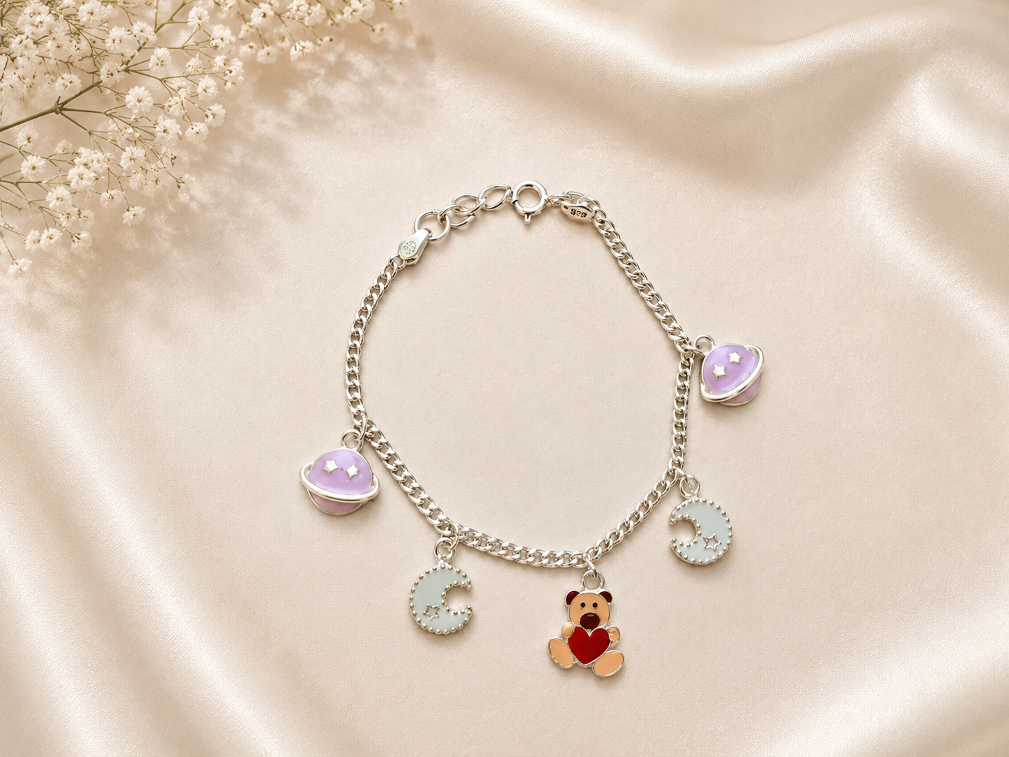 Celestial Dreams Teddy Bear Charm Bracelet - 925 Sterling Silver Jewelry for Kids